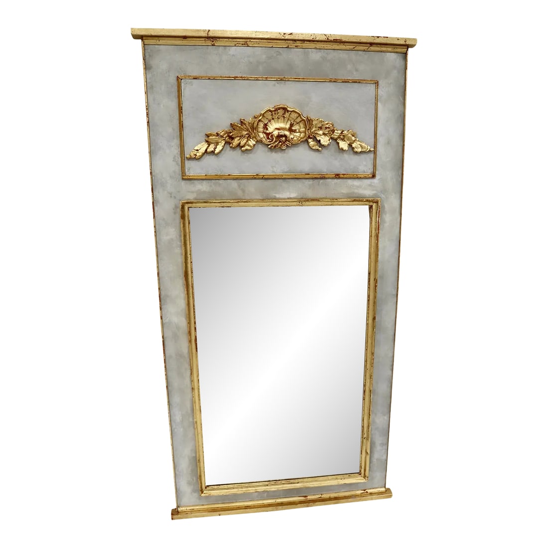 French Trumeau Mirror With Giltwood Carved Gold Leaf Shell and Leaf Swags Pediment: French Trumeau Mirror With Giltwood Carved Gold Leaf Shell and Leaf Swags Pediment. I do not know the manufacturer of the mirror. There is no marking or label to indicate the maker. Condition: Alterat