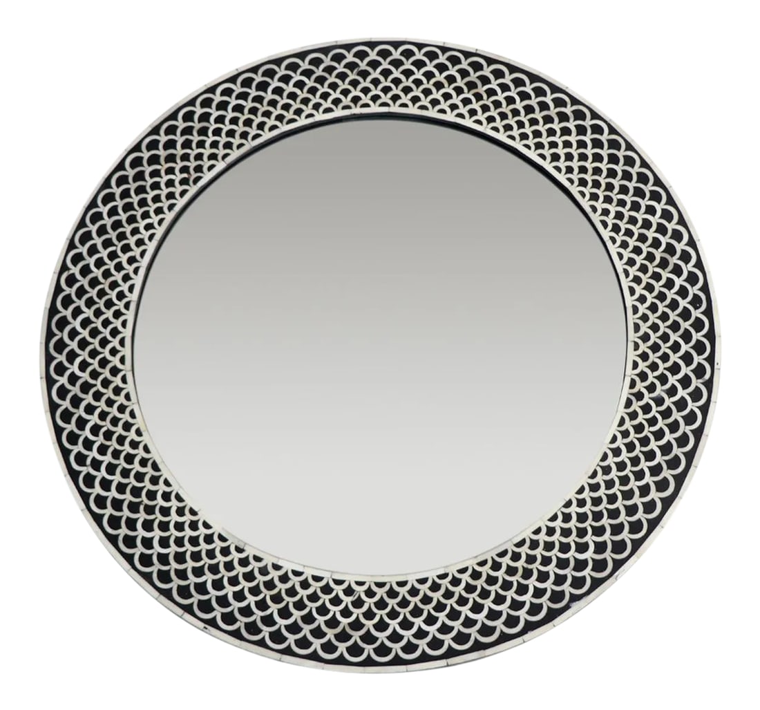 Rita Black Round Bone Inlay Mirror: Designed by Sheherazade's Rachid Ouassil, this contemporary, bone-inlaid mirror is available in brown or black and in two different sizes. We love it in the entryway or a hallway, and its delicate