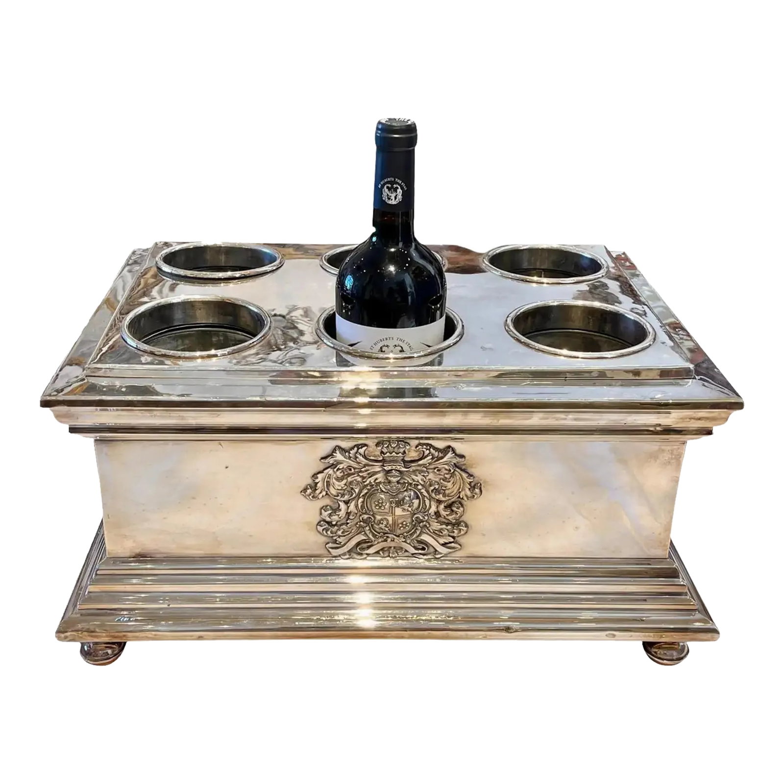 Early 19th Century Sheffield Silver Armorial Wine Cooler: Rare Sheffield Silver Plate Six Bottle Wine Cooler. Armorial on both sides. Ball Feet. Handles. Top lifts of to hold ice for chilling of wines. Provenance: Palm Beach Collection. Fresh to Market