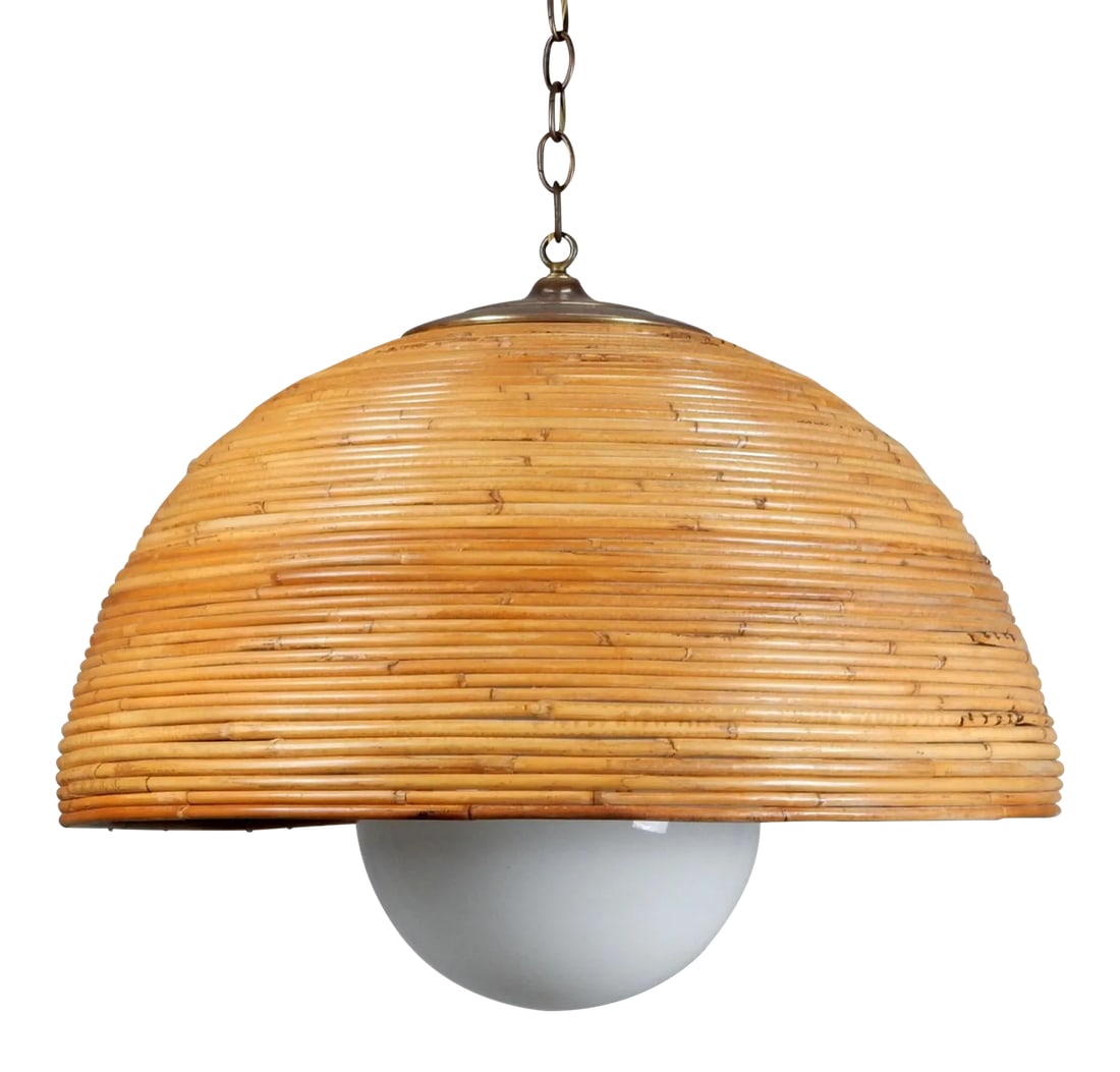 Large 1960's Rattan Bamboo & Brass Dome Pendant: Large pencil reed dome shade pendant lamp from the 1960's. Gorgeous aged brass hardware. Warm aged patina on reed. 10" milk glass globe inside. Shade measures over 2 feet wide. As pictured it has a 45