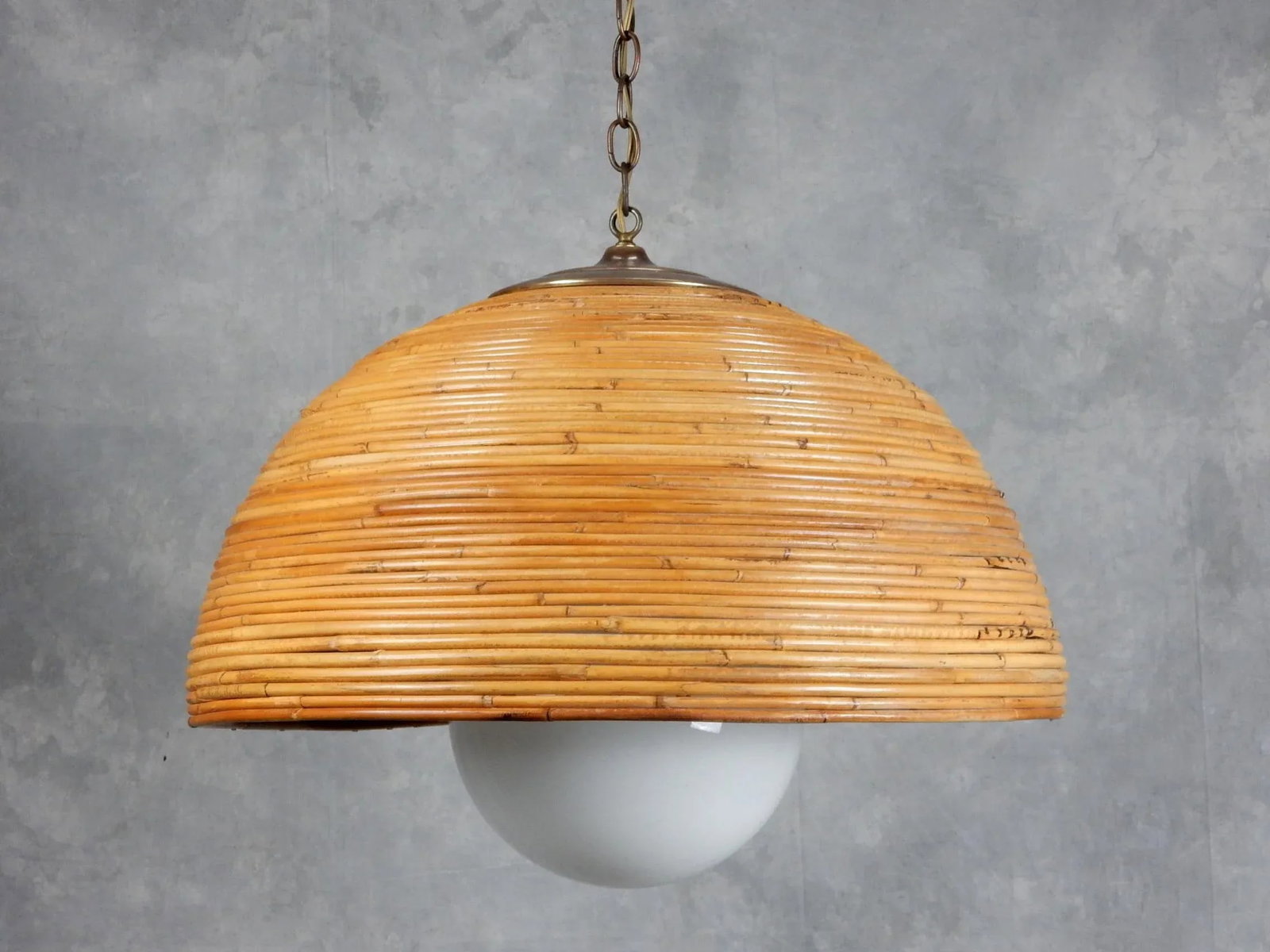 Large 1960's Rattan Bamboo & Brass Dome Pendant - 2