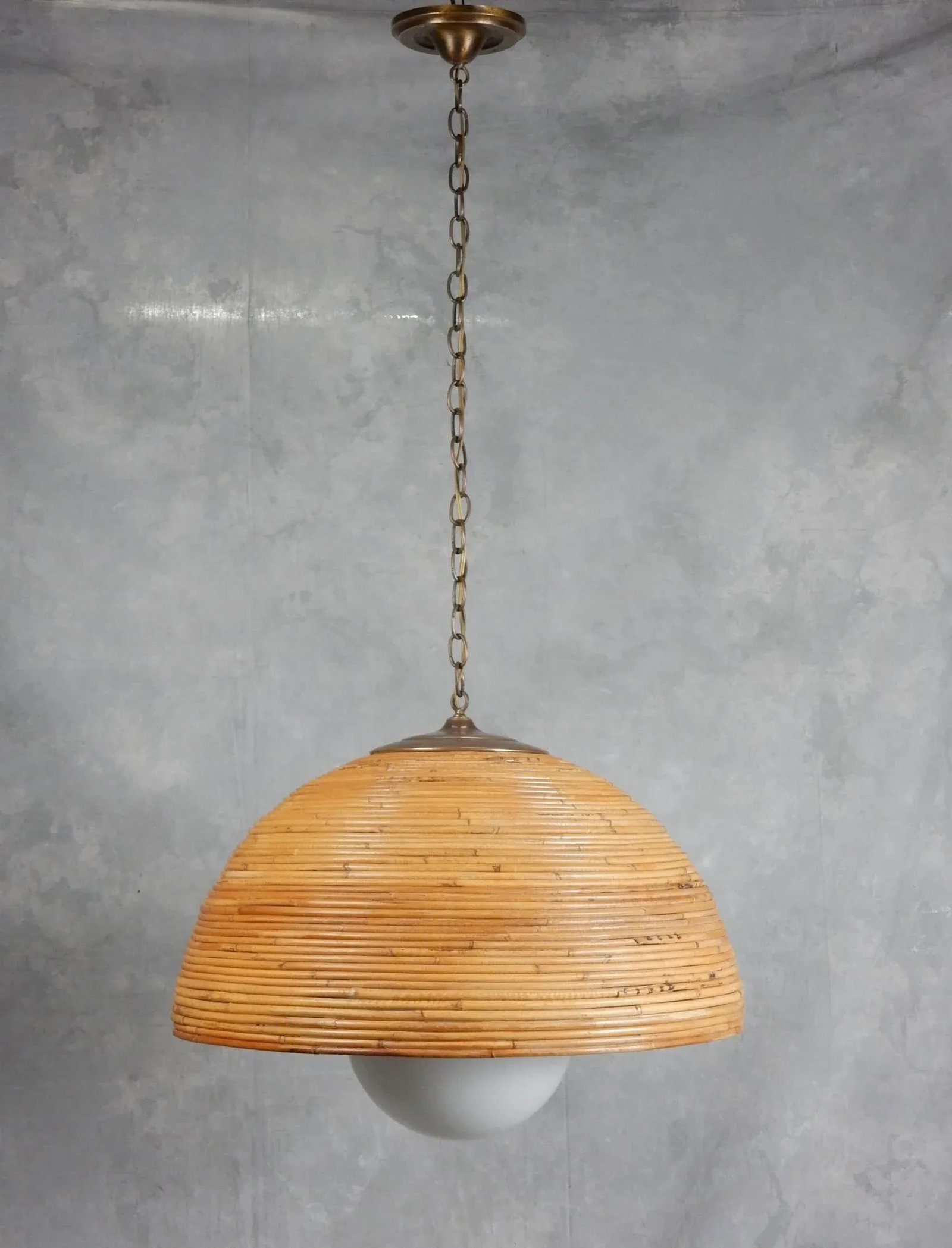 Large 1960's Rattan Bamboo & Brass Dome Pendant - 3