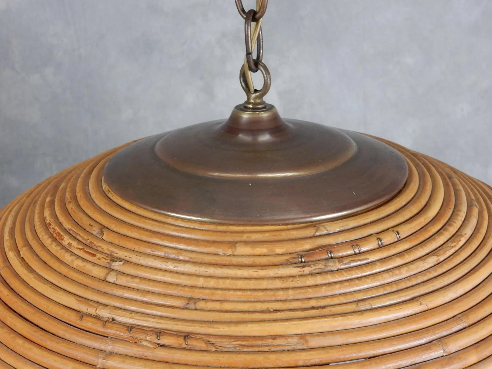 Large 1960's Rattan Bamboo & Brass Dome Pendant - 4