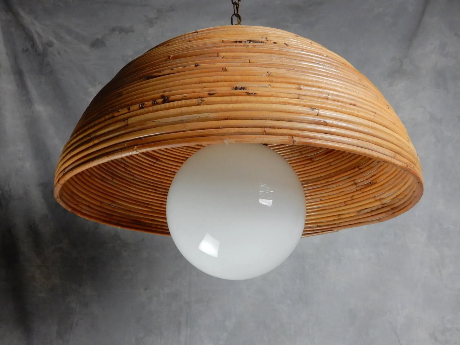 Large 1960's Rattan Bamboo & Brass Dome Pendant - 5