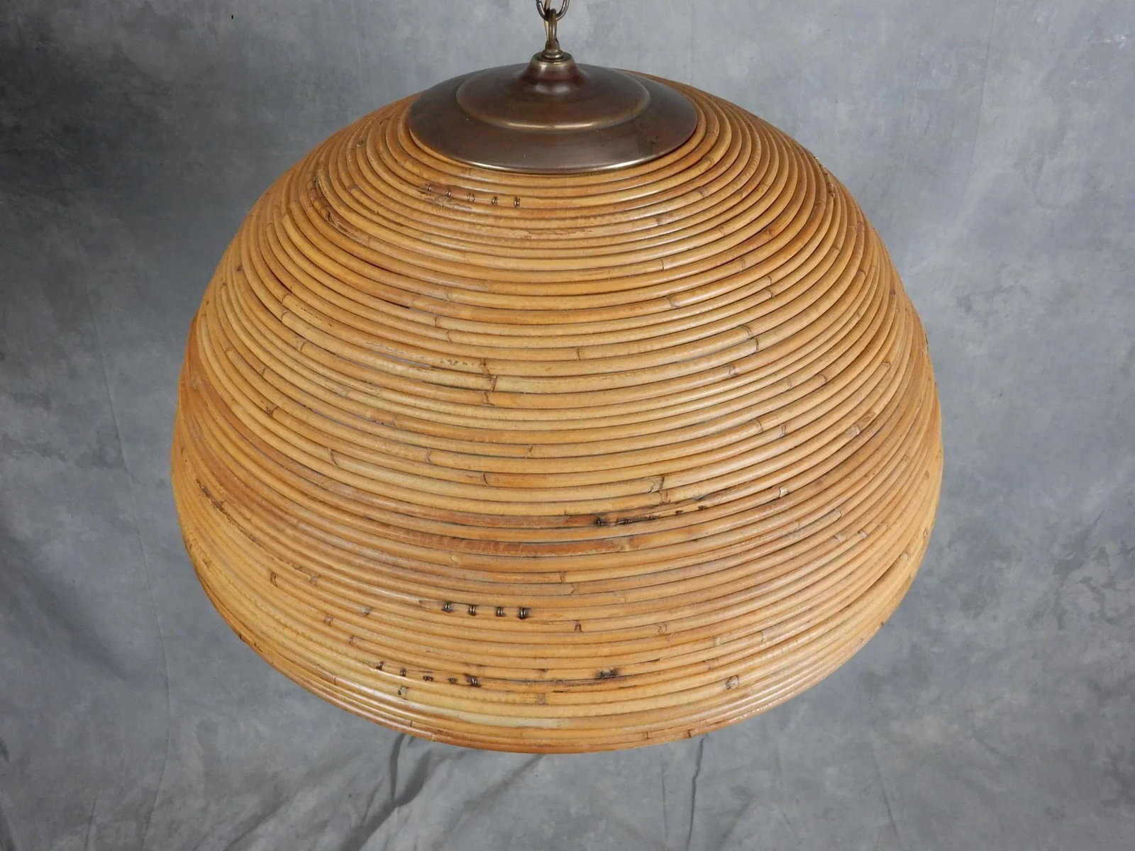 Large 1960's Rattan Bamboo & Brass Dome Pendant - 6