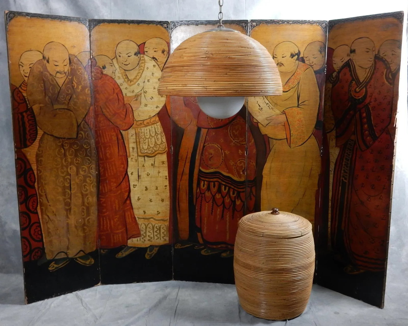 Large 1960's Rattan Bamboo & Brass Dome Pendant - 7