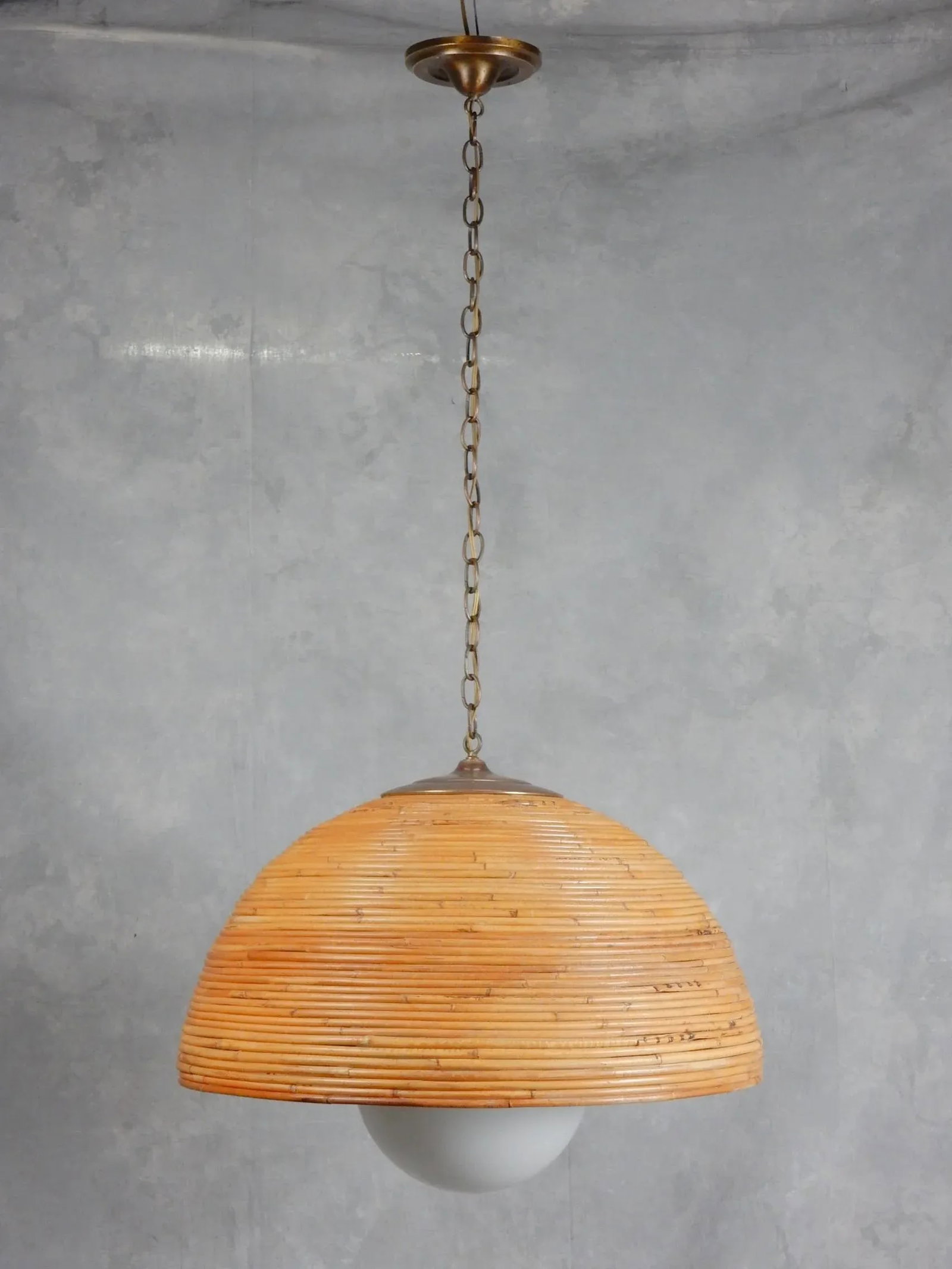 Large 1960's Rattan Bamboo & Brass Dome Pendant - 8