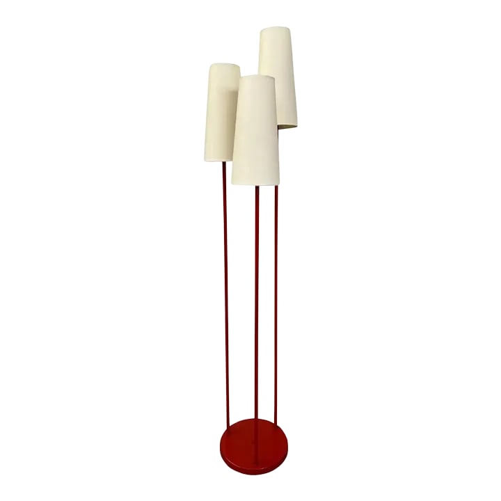 David Wurster Floor Lamp for Raymor: Very rare in the red color 1950s triple shade floor lamp designed by David Wurster for Raymor. The shades are new linen. Condition: Alterations: Restored Imperfections: Some Imperfections Condition No