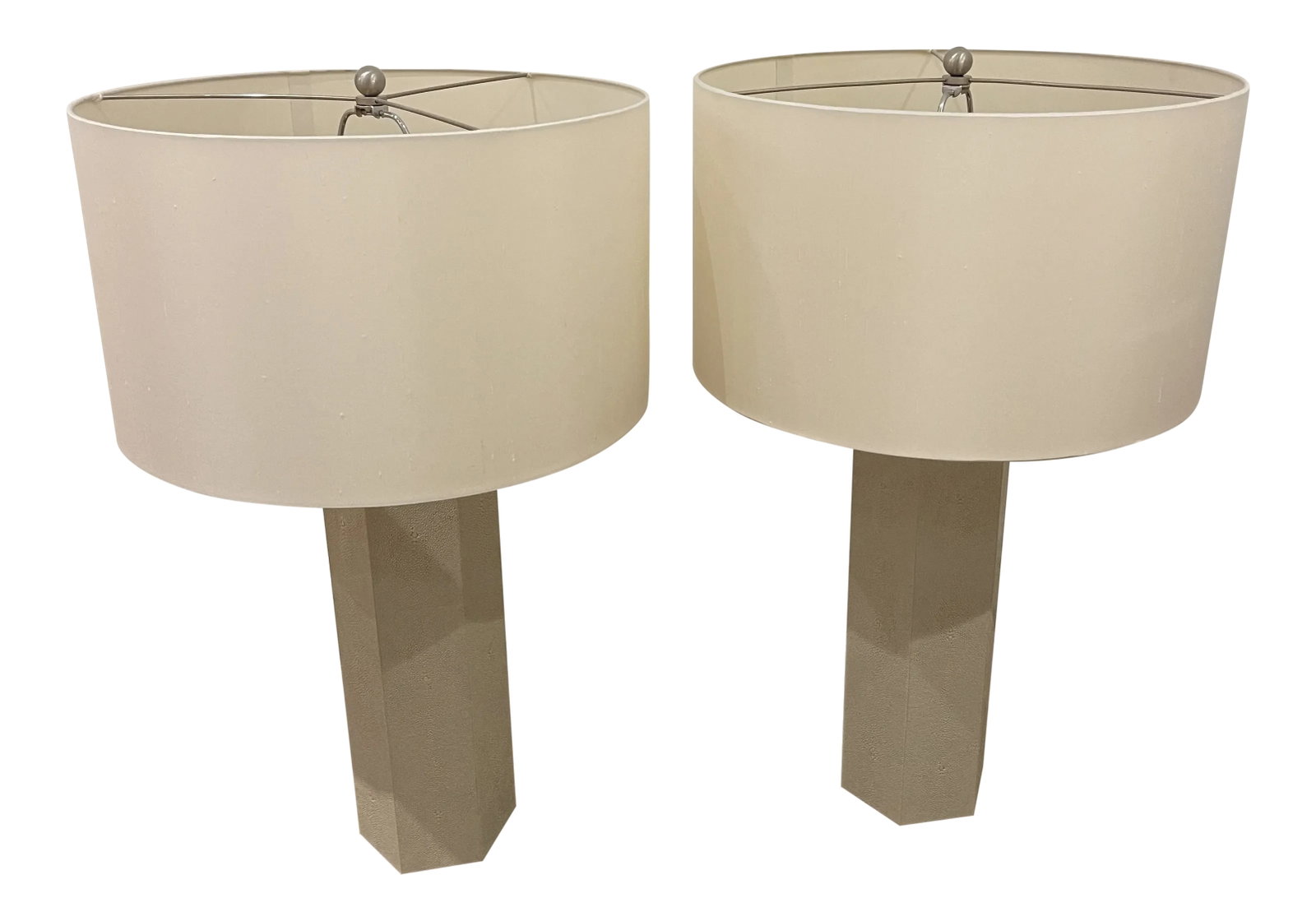 Oyster Grey Hexagonal Faux Shagreen Table Lamps - a Pair: Pair of modern simple and chic tall faux shagreen table lamps. Color is oyster gray (light Greige-like) and lamp shades are in an off-white linen fabric. Base and entire body of lamp is hexagonal and 