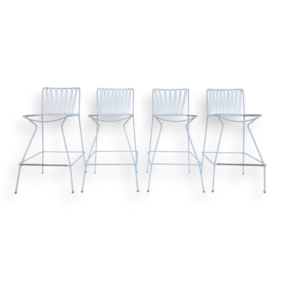 1960s Mid-Century Modern Wrought Iron Patio Barstools - Set of 4: Beautiful 1960s Mid-Century Modern wrought iron patio barstools. This set of 4 have amazing wrought iron frame, with nylon strapping. All original, unaltered condition. Easy to completely restore, or 