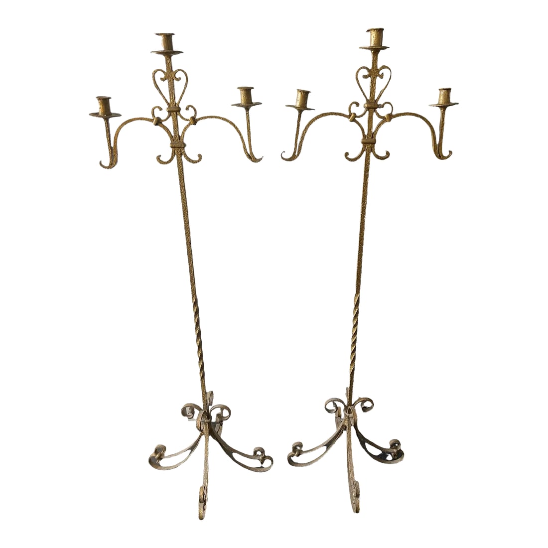 Antique Neo Classical Gold Gilt Wrought Iron Floor Candelabras- a Pair: Pair of Neo Clasical Antique Gold Gilt Wrought Iron Antique Floor Candelabras Excelent texture, solid in weight Condition: Alterations: Original Condition Unaltered Imperfections: Some Imperfections C