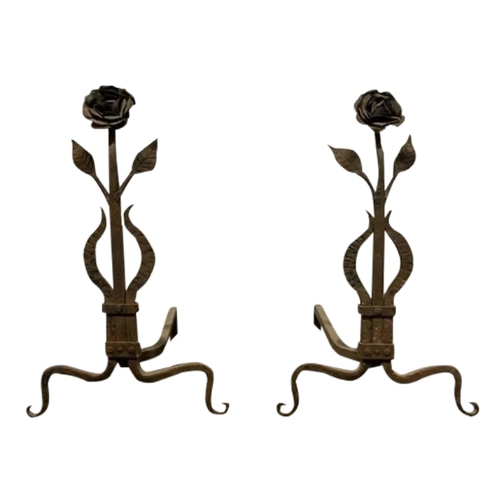 Vintage Late 1920s Single Rose Design Andirons - a Pair: Vintage single rose design pair of andirons circa late 1920s, Hand made simple design, all original details never been altered, black iron rust finish. 17"w x 27"h x 22.5" d Condition: Alterations: