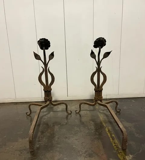 Vintage Late 1920s Single Rose Design Andirons - a Pair - 2