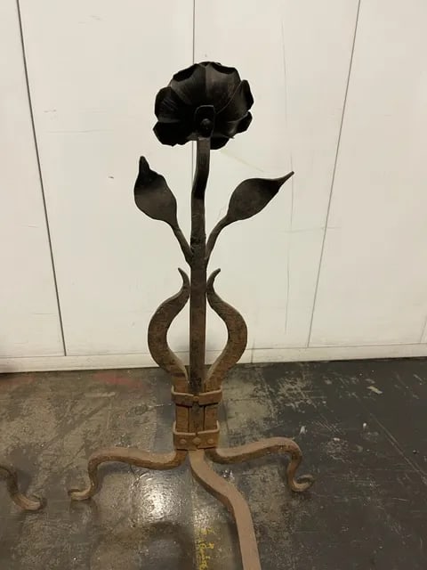 Vintage Late 1920s Single Rose Design Andirons - a Pair - 3