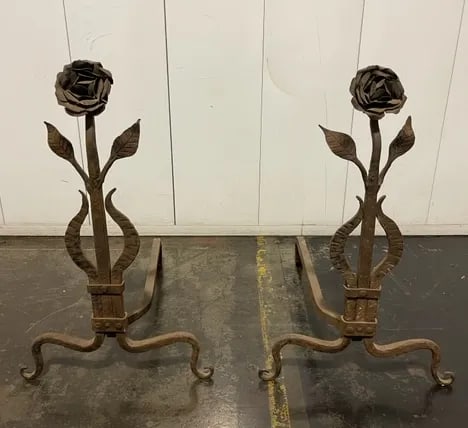 Vintage Late 1920s Single Rose Design Andirons - a Pair - 5