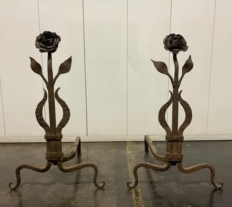 Vintage Late 1920s Single Rose Design Andirons - a Pair - 6