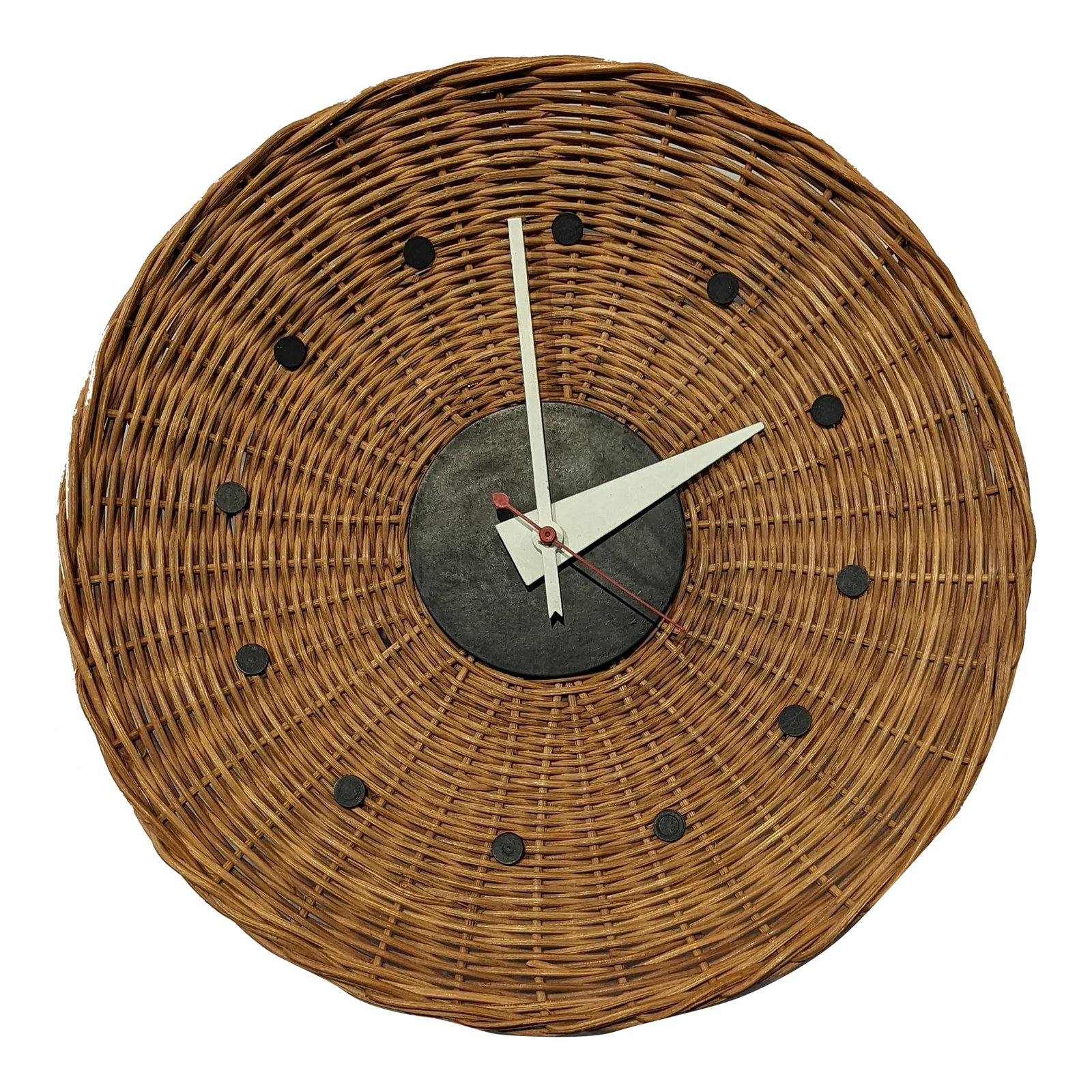 George Nelson Rattan Clock - Mid-Century Modern Design | Vintage Wall Clock: Out of the 150+ designs created by George Nelson for Howard Miller, thisl 'Basket' wall clock is one of the more rare editions. Small black circles mark the number positions around the oval, woven wic