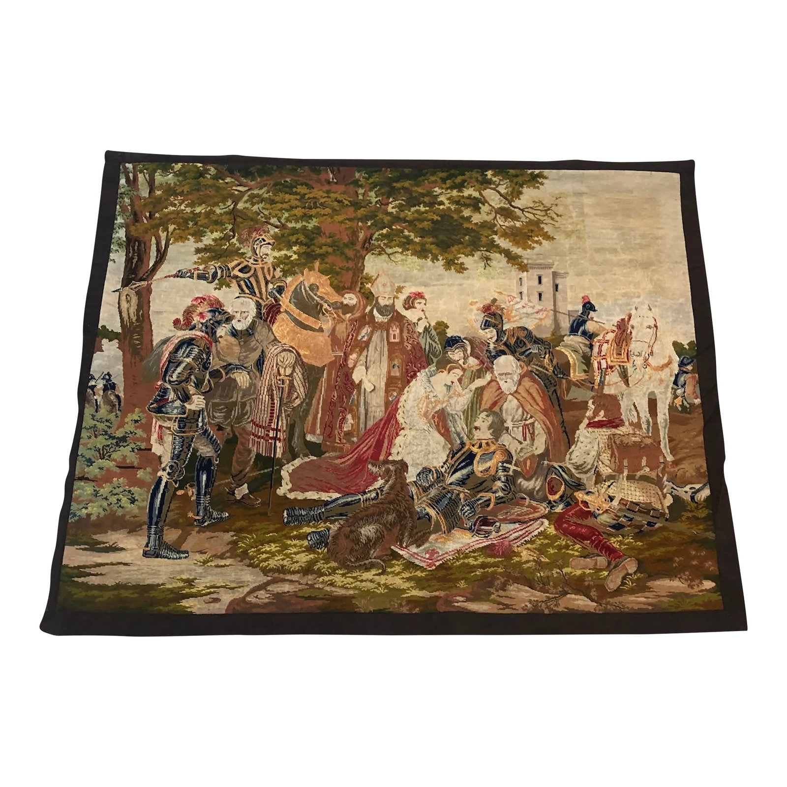 Late 19th Century Needlepoint Tapestry of Scotland Mourning: Fabulous 19th Century needlepoint and petit point wall tapestry from a painting by F. Hartwich which depicts Mary of Scotland mourning over the dying Douglas at the Battle of Landslide in 1568. This