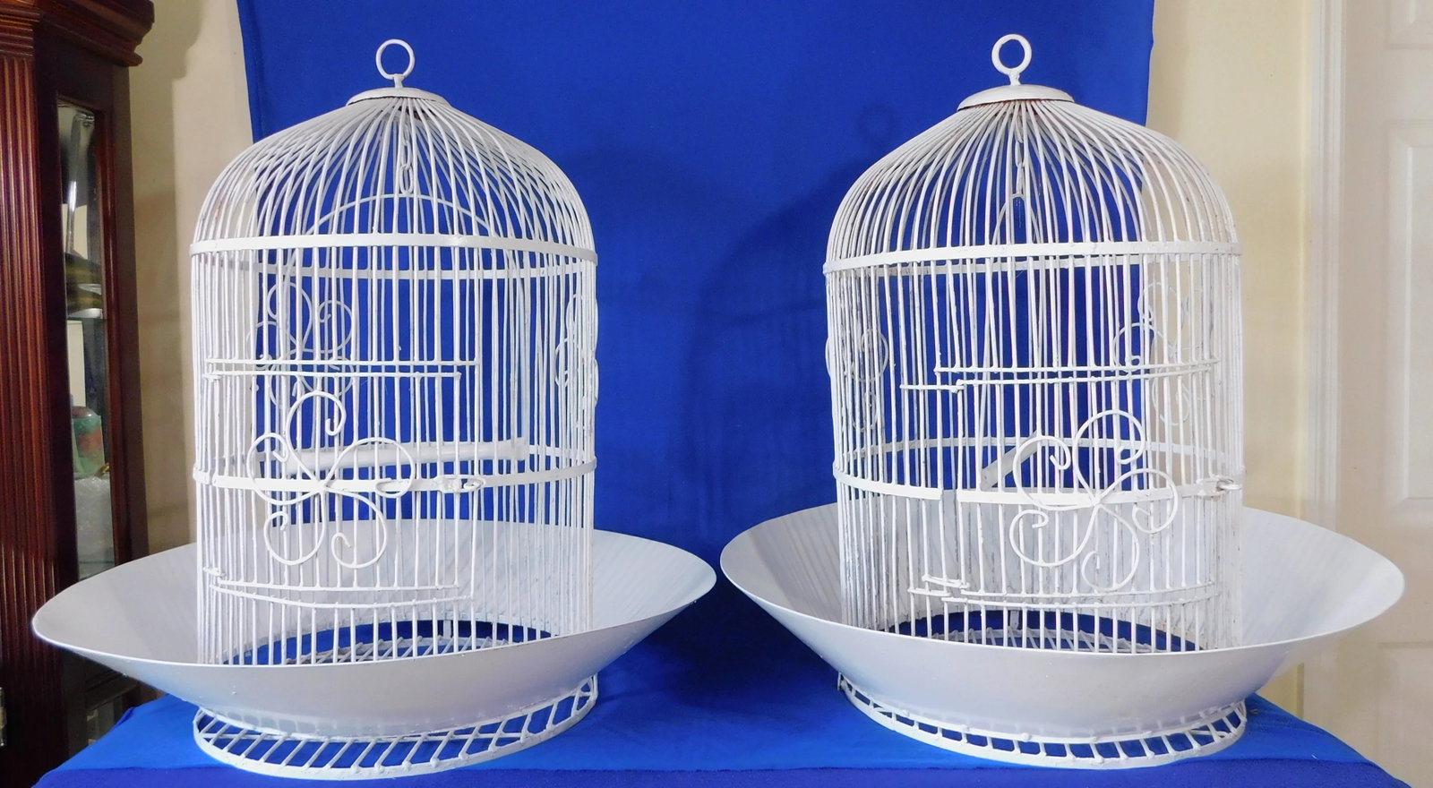 Large Antique Heavy White Wrought Iron Hanging Dome Bird Cages - Set of 2 - 10