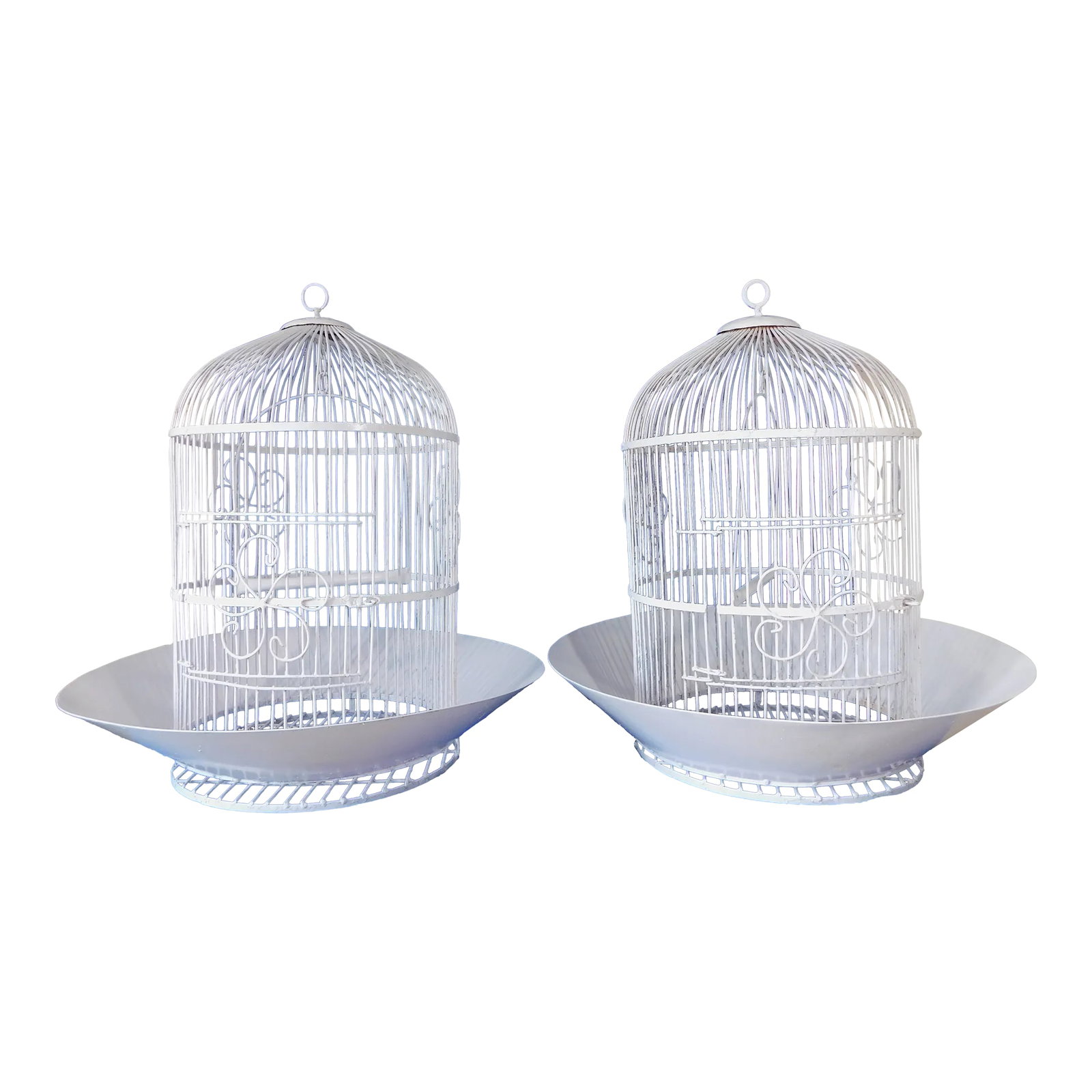 Large Antique Heavy White Wrought Iron Hanging Dome Bird Cages - Set of 2: Wonderful PAIR of large antique ornate heavy white wrought iron hanging dome bird cages. They are identical and have a great shape! They also have a decorative flower design and swing inside on both. 