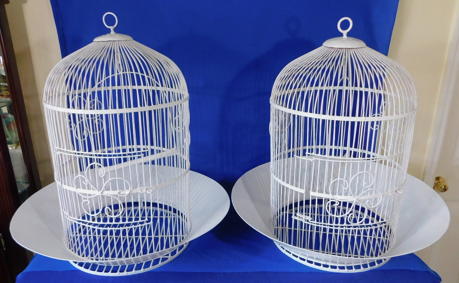 Large Antique Heavy White Wrought Iron Hanging Dome Bird Cages - Set of 2 - 2