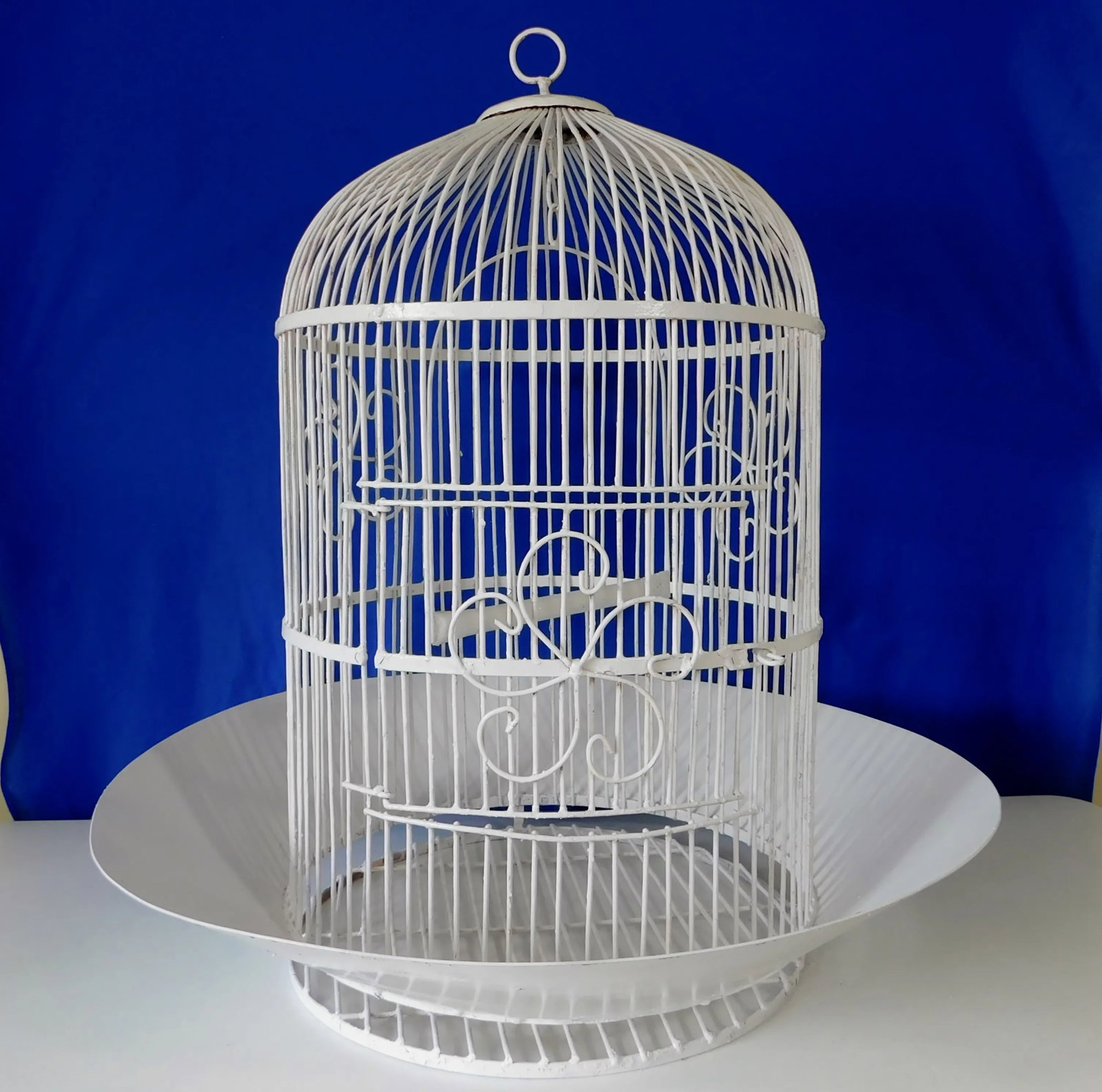 Large Antique Heavy White Wrought Iron Hanging Dome Bird Cages - Set of 2 - 3