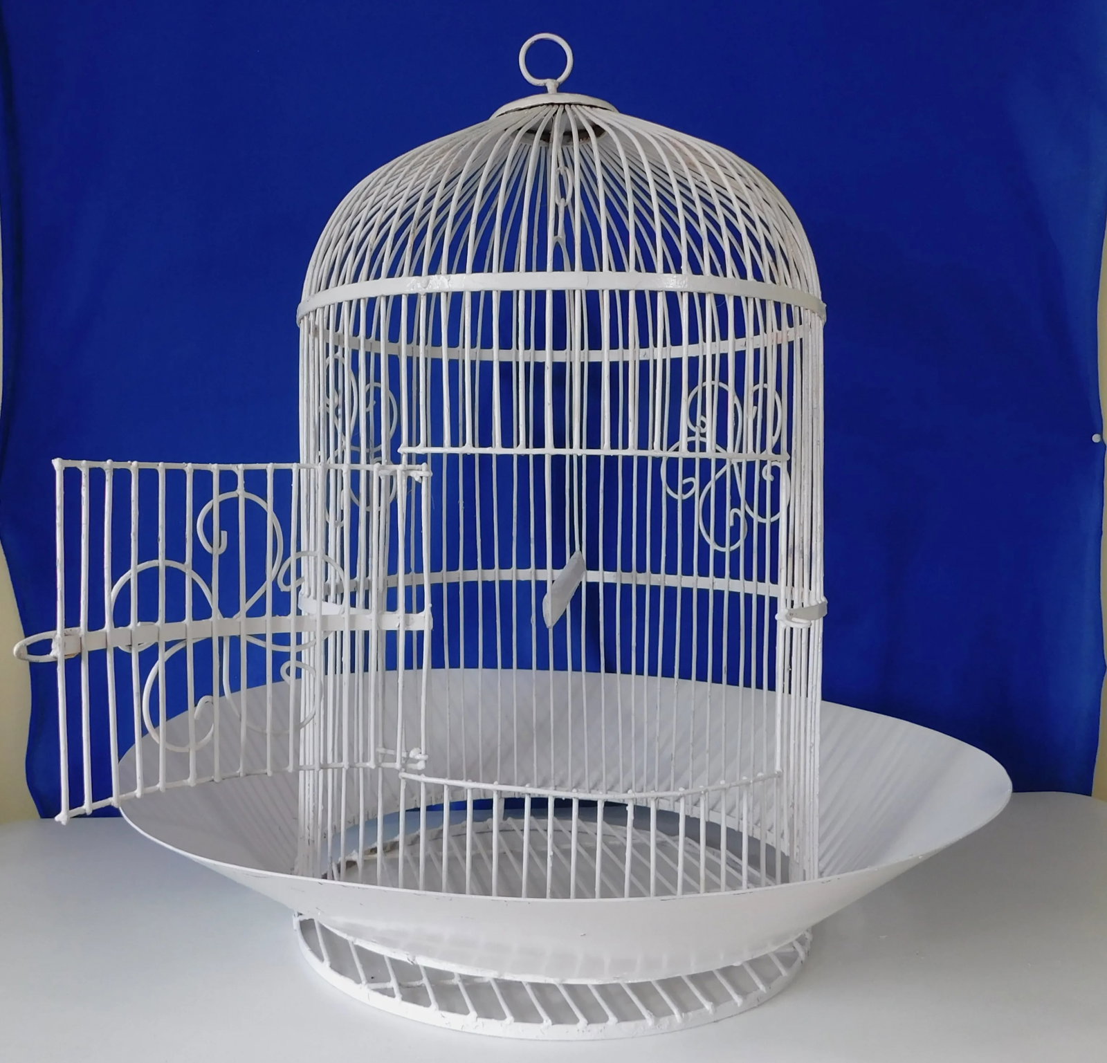 Large Antique Heavy White Wrought Iron Hanging Dome Bird Cages - Set of 2 - 4