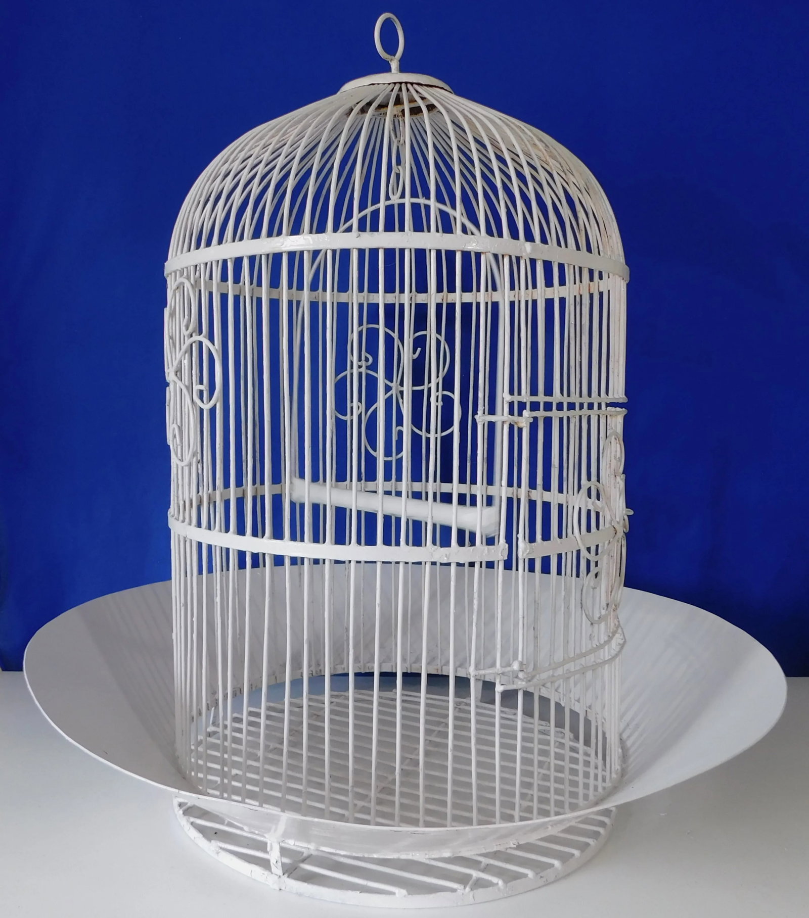 Large Antique Heavy White Wrought Iron Hanging Dome Bird Cages - Set of 2 - 5