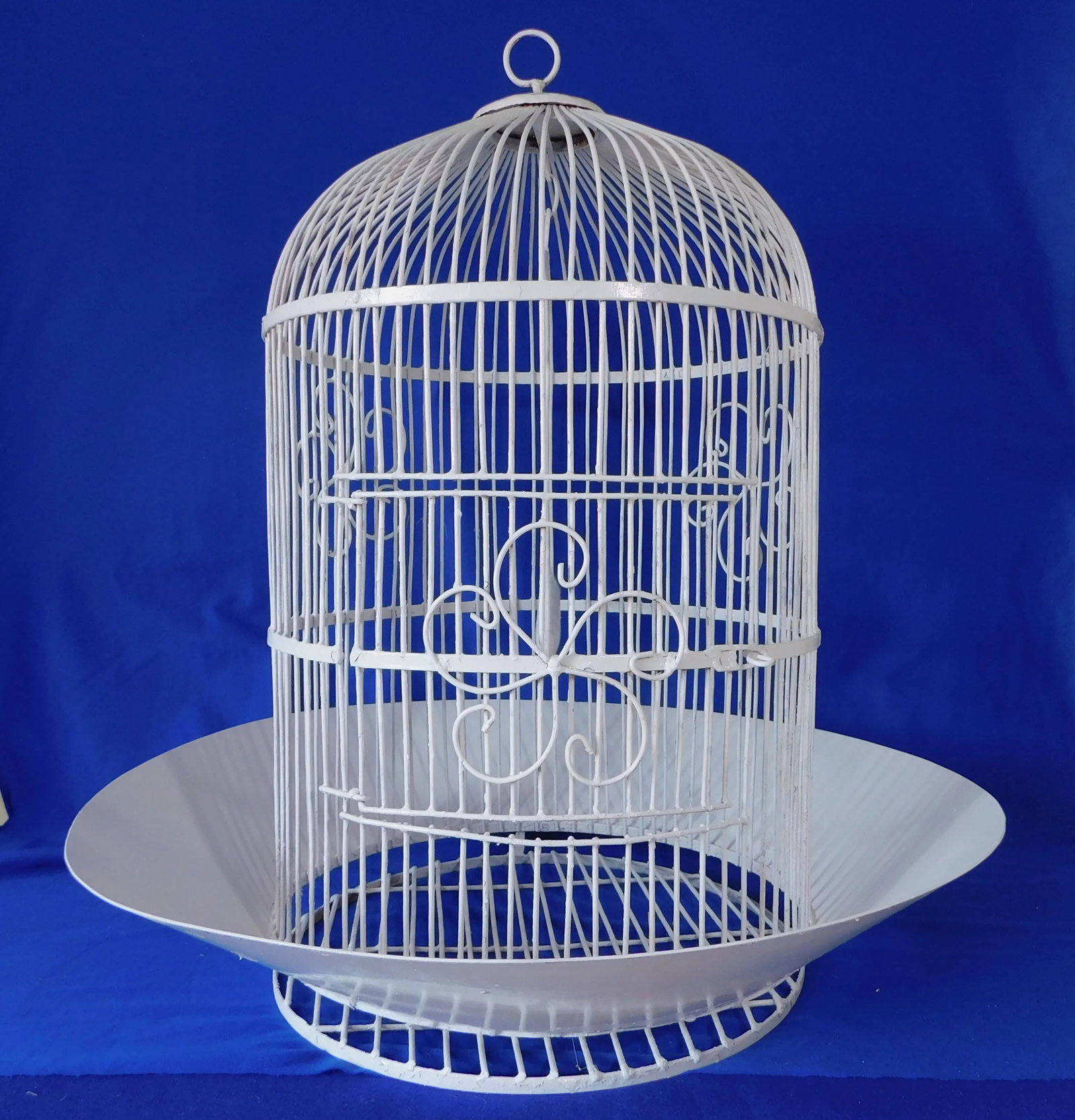 Large Antique Heavy White Wrought Iron Hanging Dome Bird Cages - Set of 2 - 6