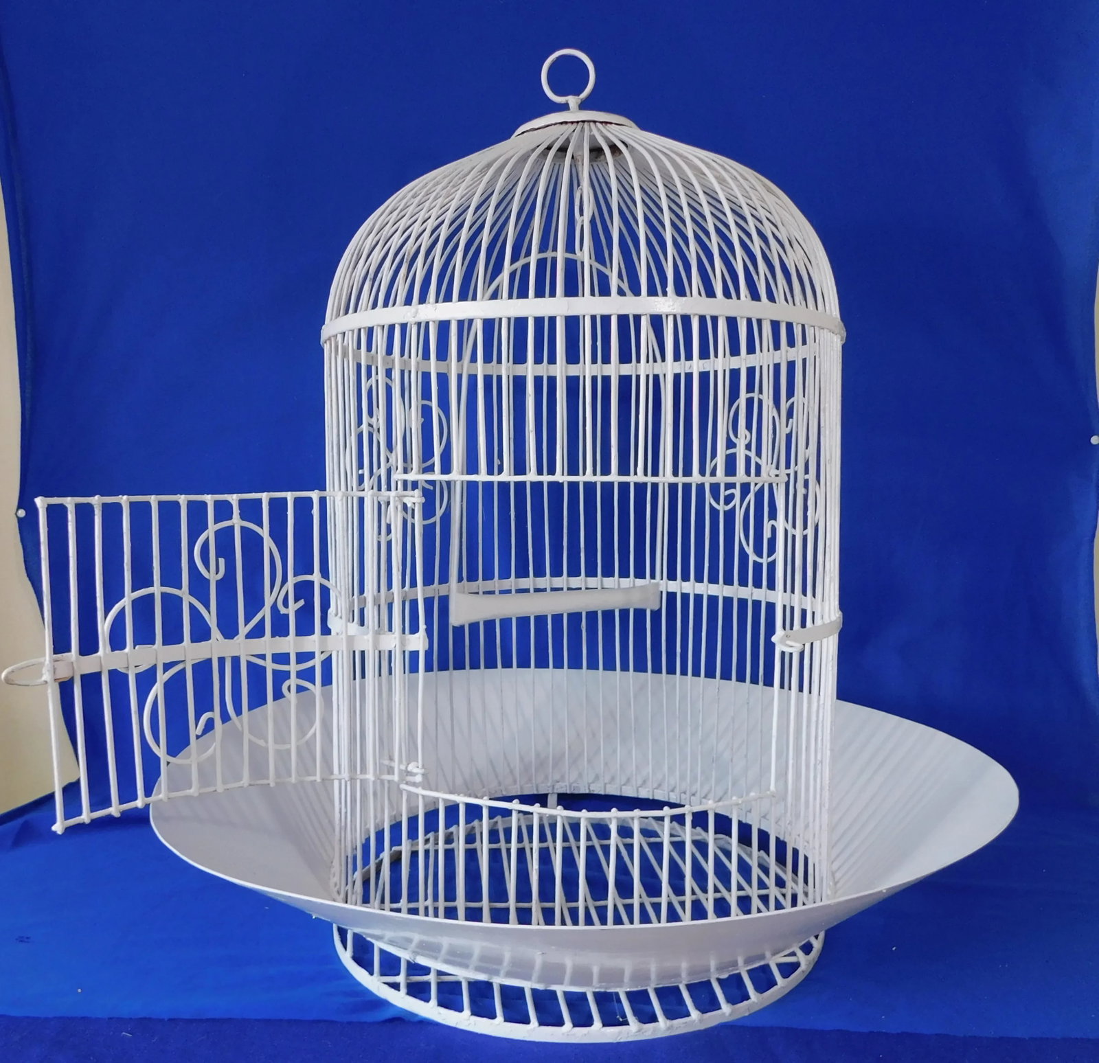 Large Antique Heavy White Wrought Iron Hanging Dome Bird Cages - Set of 2 - 7
