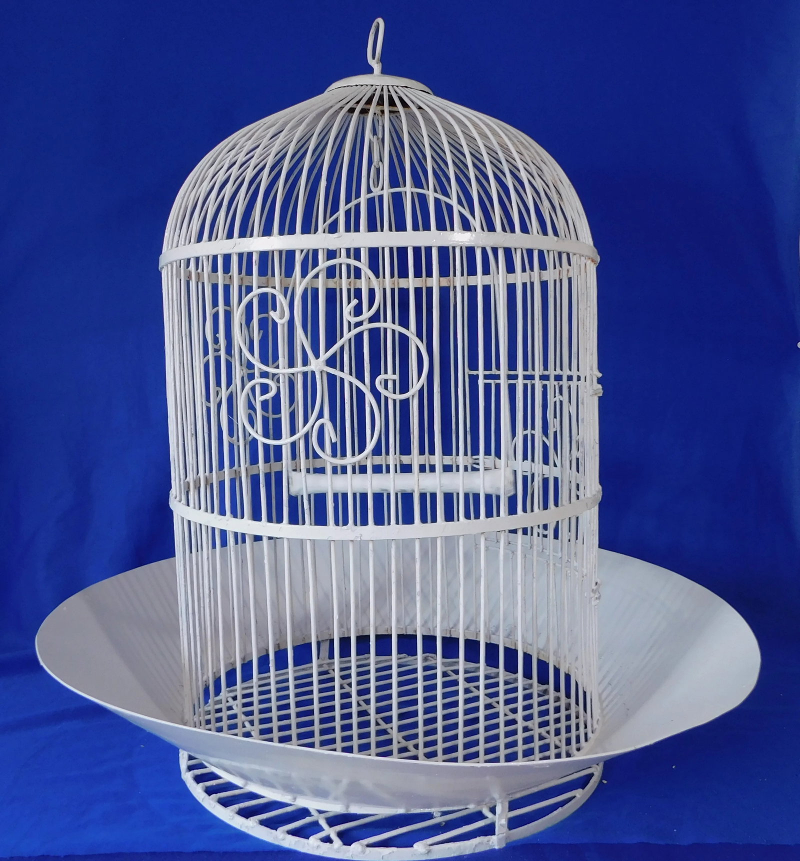 Large Antique Heavy White Wrought Iron Hanging Dome Bird Cages - Set of 2 - 9