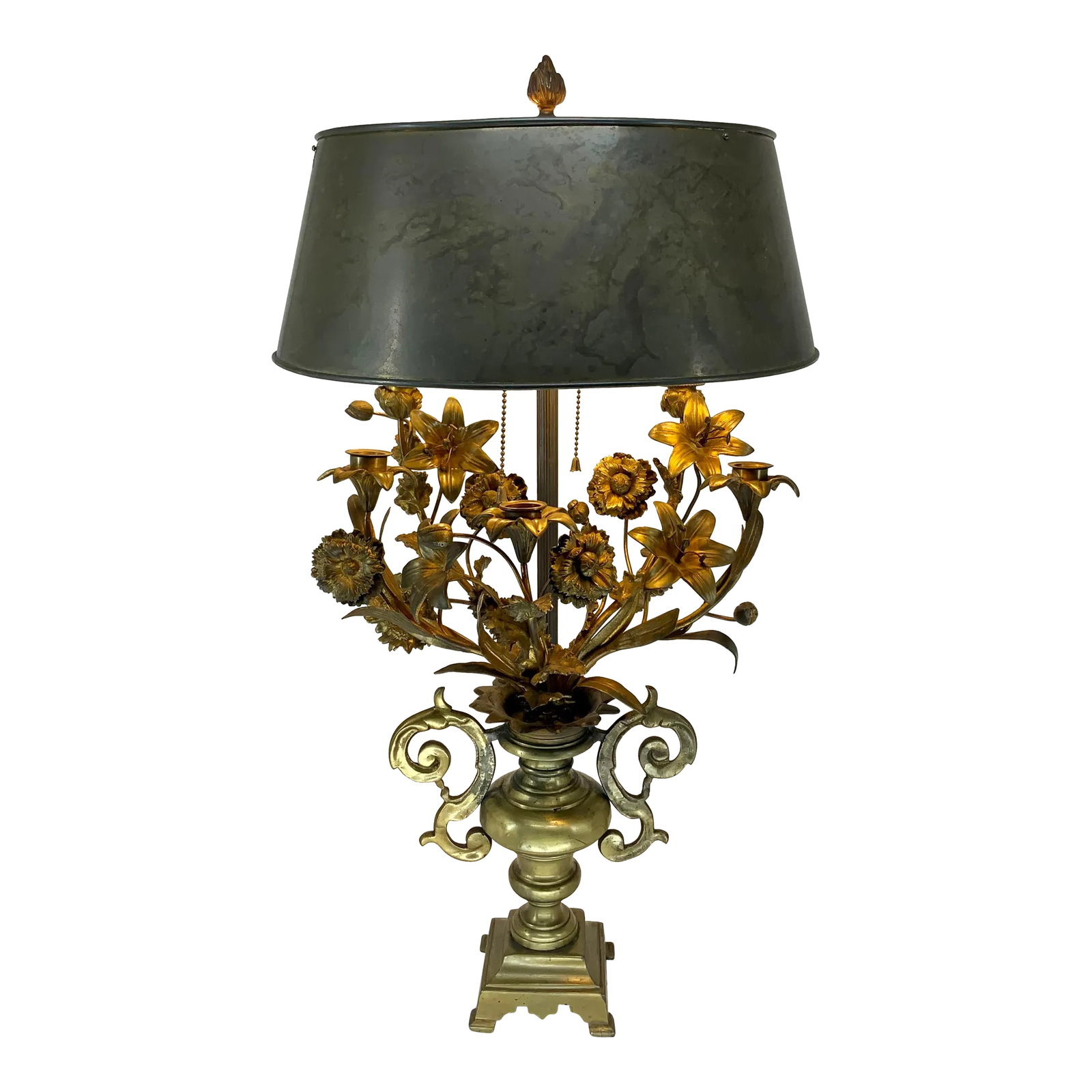 Antique French Gilt Bronze Candelabra Lamp: Large and impressive 19th century French gilt bronze five arm candelabra fitted as a lamp. Floral arms over brass Urn with ornate handles . Patinated brass shade . Heavy . Condition: Alterations: Orig