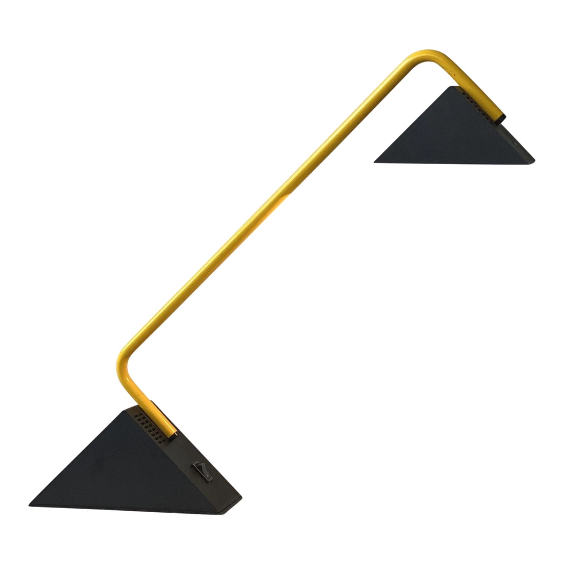 Vintage Postmodern Disegno Italia Yellow Enameled Metal + Molded Plastic Angy Table Lamp, Circa 1970: Rare Vintage Postmodern Disegno Italia Yellow Enameled Metal + Molded Plastic ANGY Desk Lamp, Circa 1970s. Enameled angular metal arm with triangular molded plastic base and head. "ANGY" model. Made i