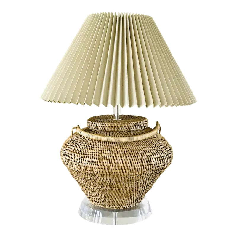 1980's Steve Chase Basket Lamp: A large basket on lucite base produced by Richard Lindley for Steve Chase. Direct from a Rancho Mirage home. Impressive scale with the natural organic material of the basket weave played against the