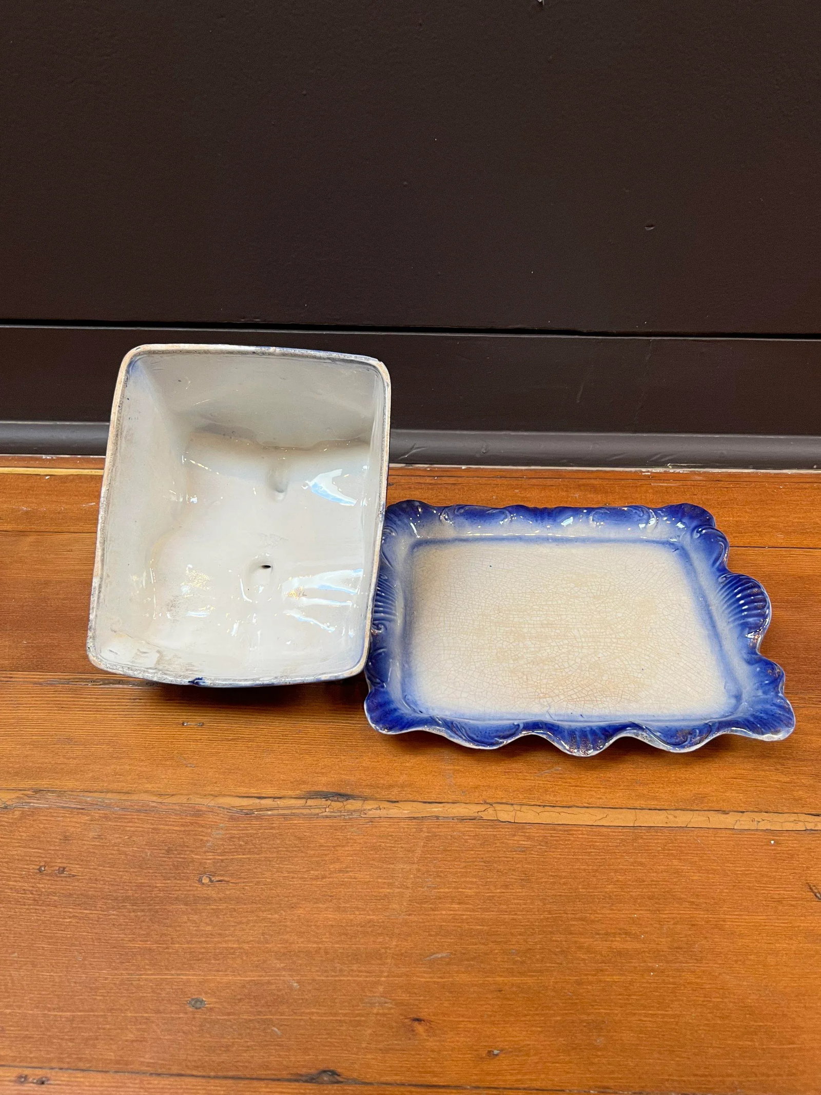 Antique Blue & White Cheese Plate With Cover - 3