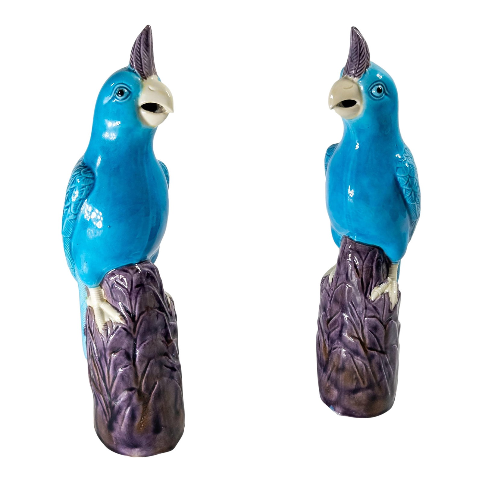 20th Century Pair of Chinese Chinoiserie Turquoise Blue and Purple Parrot Figures: We are selling this pretty decorative pair of Chinese Parrots. These parrots have vibrant electric Turquoise Blue glazed birds with aubergine purple glazed base and accent with pale yellow beak and