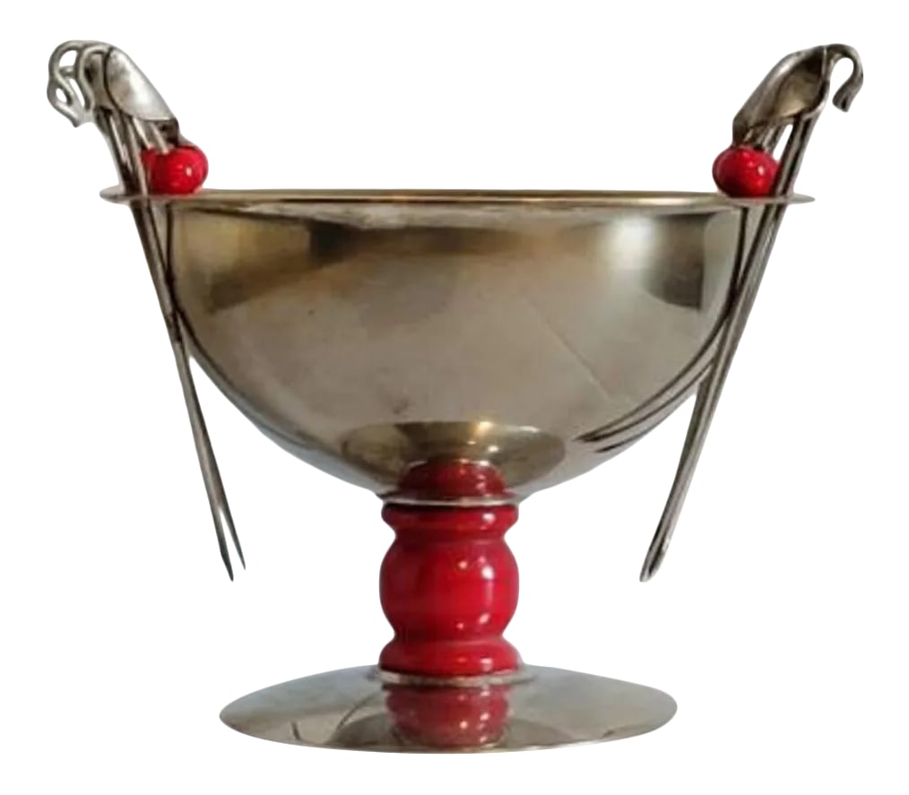 Napier American Art Deco Cocktail Sticks & Olive Bowl: An elegant American Art Deco cherry red bakelite cocktail sticks/ picks & silver plated olive bowl set by iconic maker Napier. Featuring six whimsical figural swan bird shaped cocktail sticks with rub