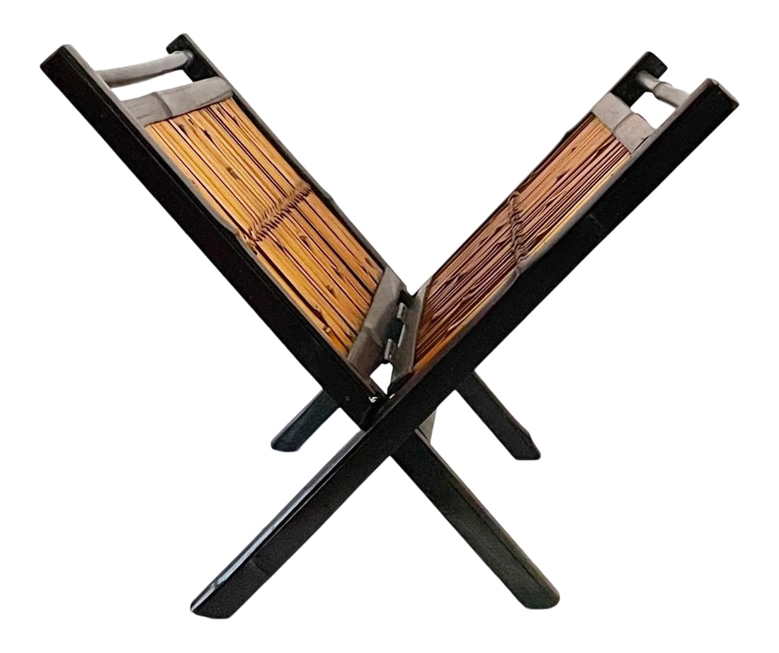 Vintage Bamboo Magazine Rack: A gorgeous vintage full bamboo folding magazine rack. This is so beautifully made, with tortoise burnt bamboo reads and the dark bamboo; the contrast is wonderful! It has brass hinges and folds up