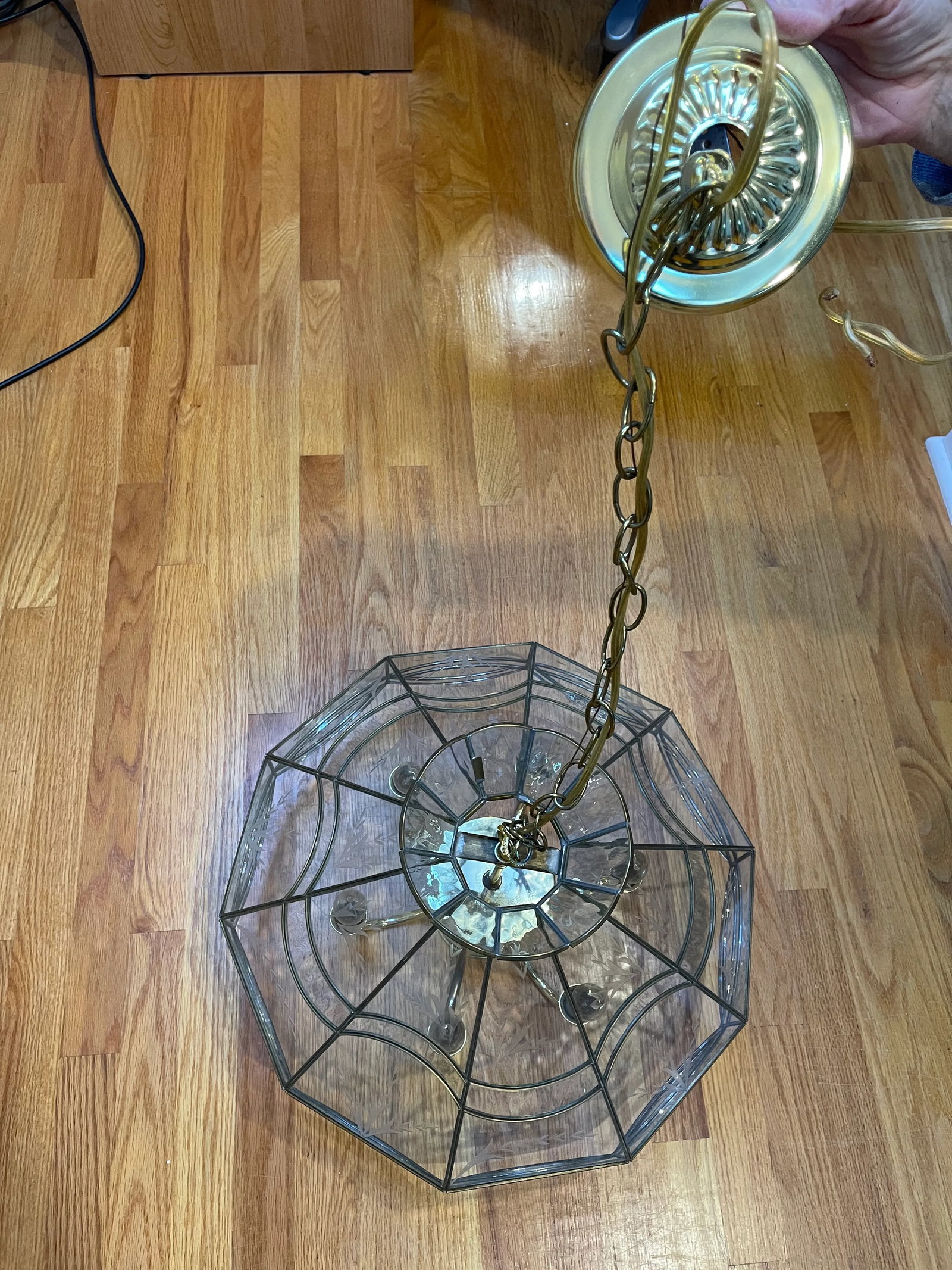 Vintage Leaded Glass Pane Chandelier - 7