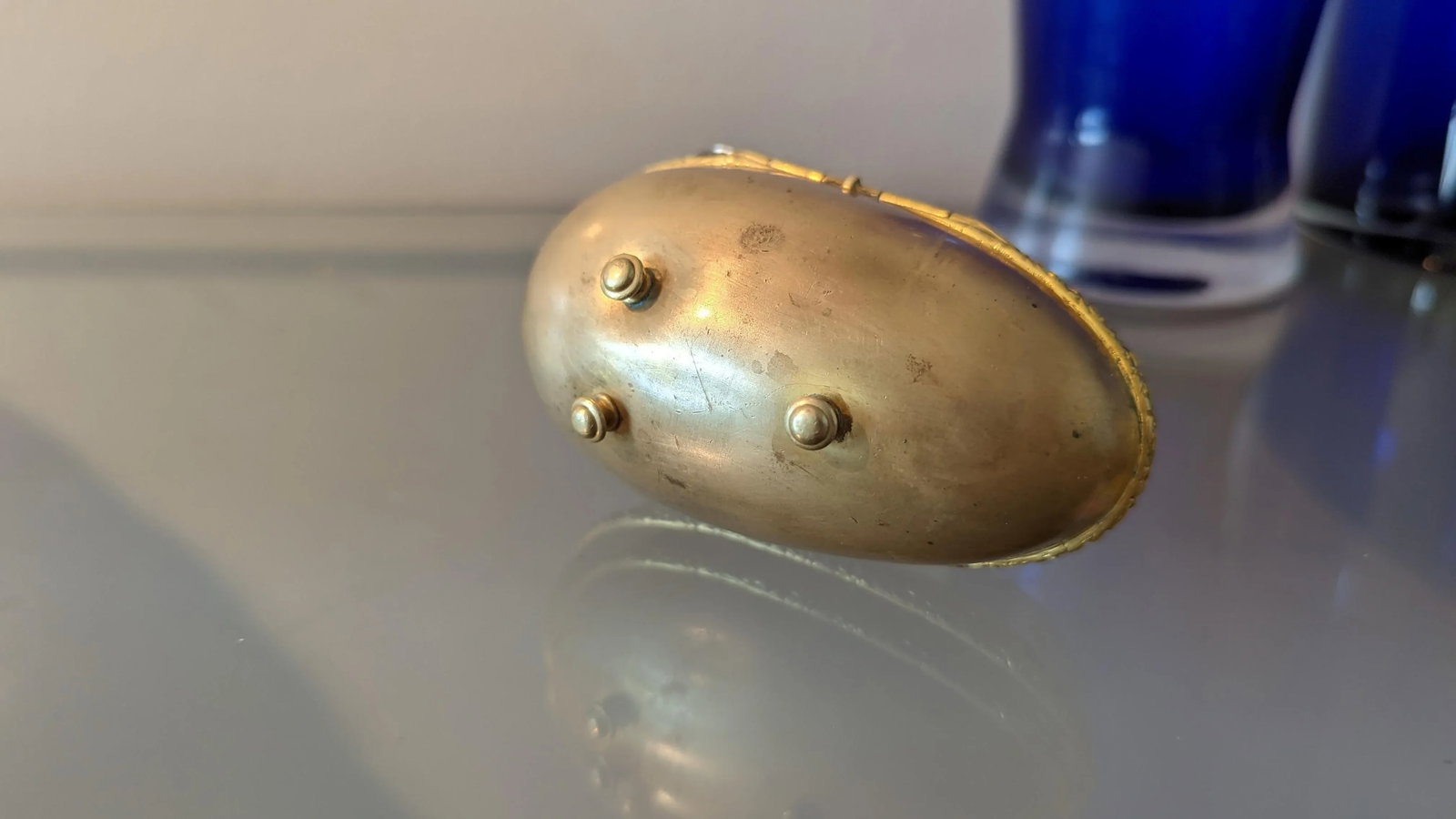 1940s Brass Egg Trinket Box Ormulu Trimmed Surprise Inside - 5