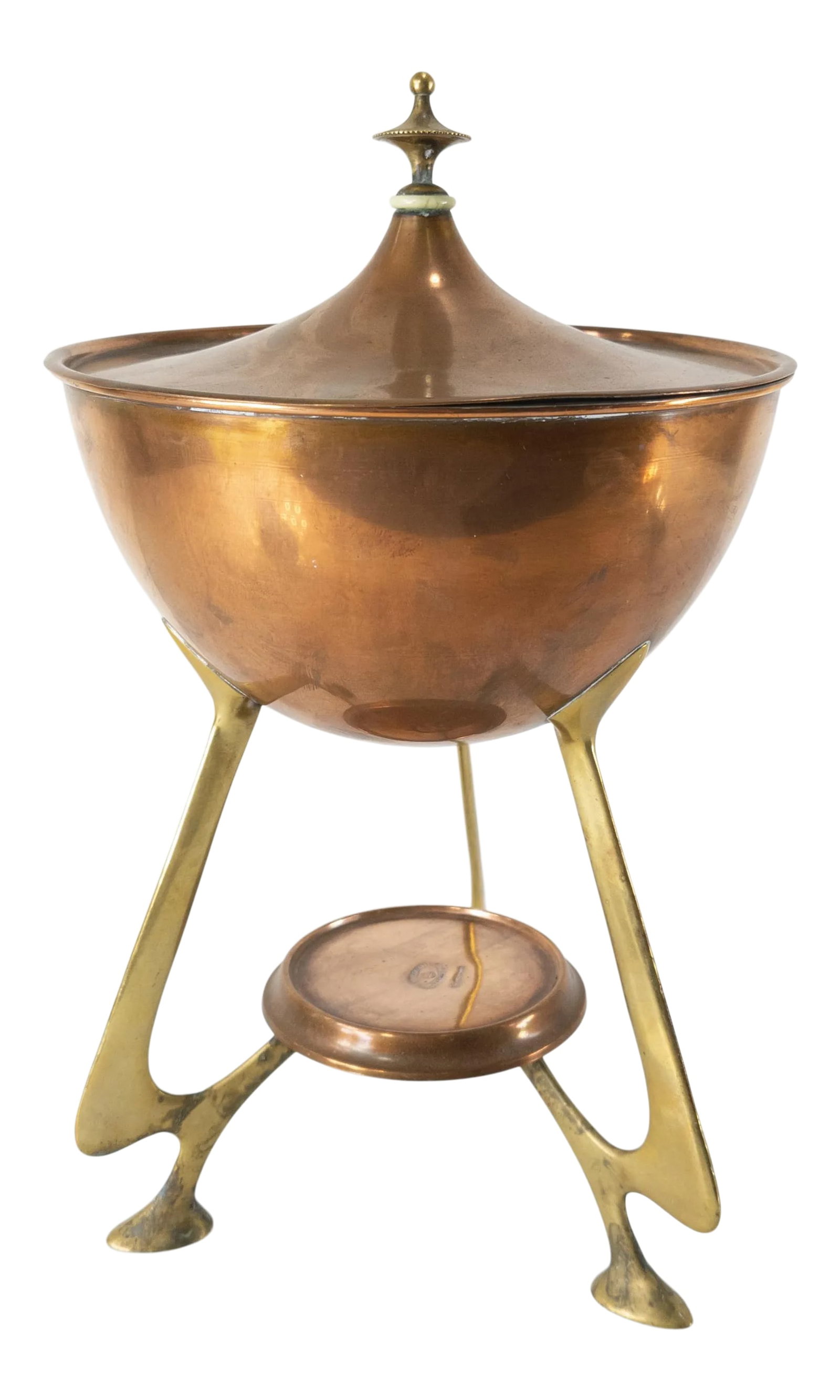 Swedish Art Nouveau Copper and Brass Urn by Grillby: We are selling this very stylish Copper and Brass warming dish. This Swedish metalware has stylish modernist design mixed with Arts and Crafts and Art Nouveau influence. The piece was intended as a
