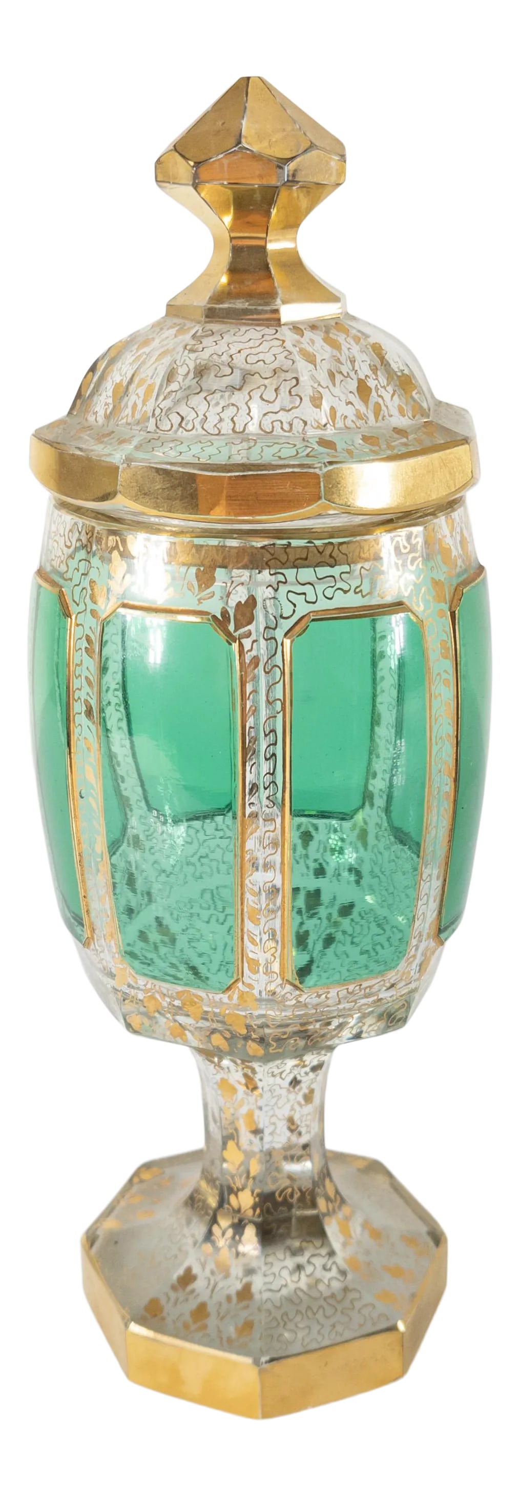 Bohemian Art Glass Moser Style Covered Urn: We are selling this Bohemian glass covered urn. This Moser style urn has high quality thick glass construction with green cabochon raised panels surrounded by elaborate gold leaf decoration. The vase