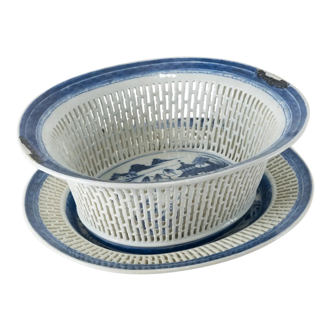 Chinese Export Chinoiserie Blue and White Basket and Tray (1 of 13)