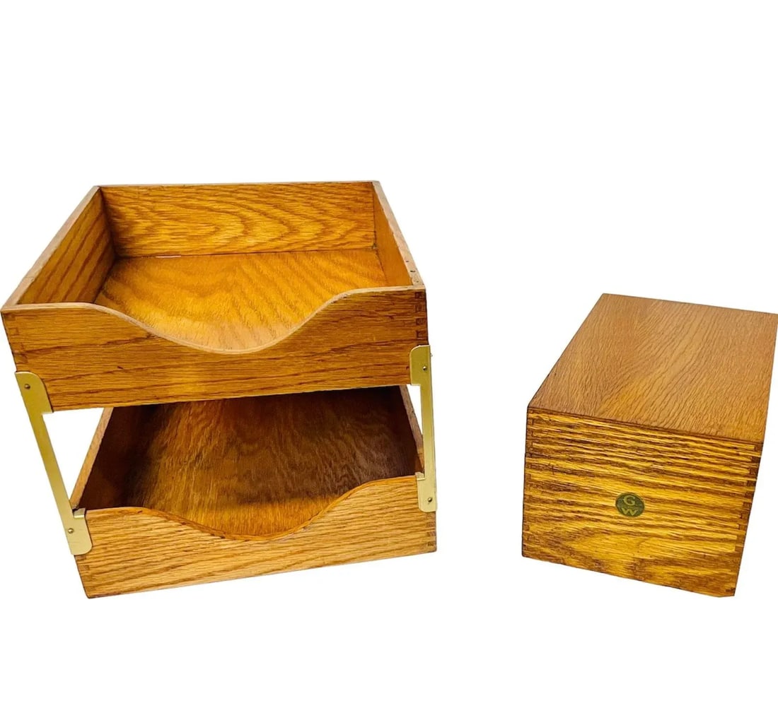 Mid Century Globe Wernicke Wood Desk Accessories- Set of 2 - 12