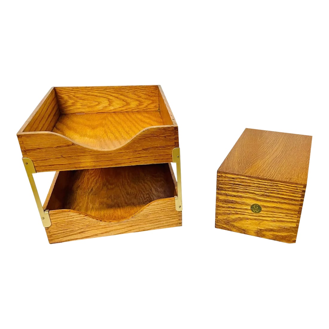 Mid Century Globe Wernicke Wood Desk Accessories- Set of 2: A two Piece Desk Set Hand-Crafted with Dovetailed Corners Classic workmanship for those who prefer the Real Wood Look and Feel. This is a vintage Globe Wernicke Card File Box with an attached lid