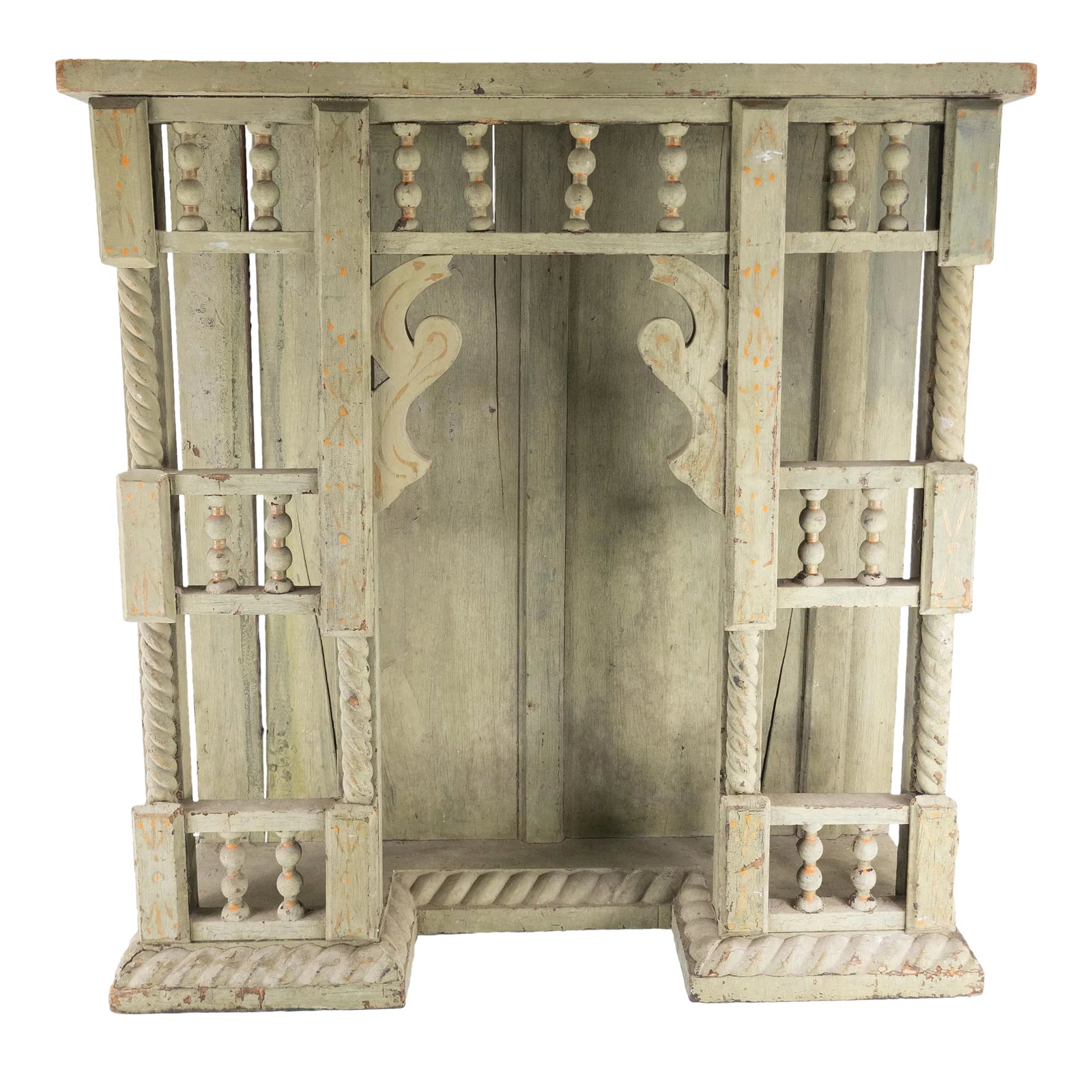 19th Century Victorian Shabby Chic Primitive Green Painted Architectural Fragment: We are selling this shabby chic green painted victorian display. This shelf like piece of wood furniture has an alcove for an object and just has attractive shape and green painted surface. Could be