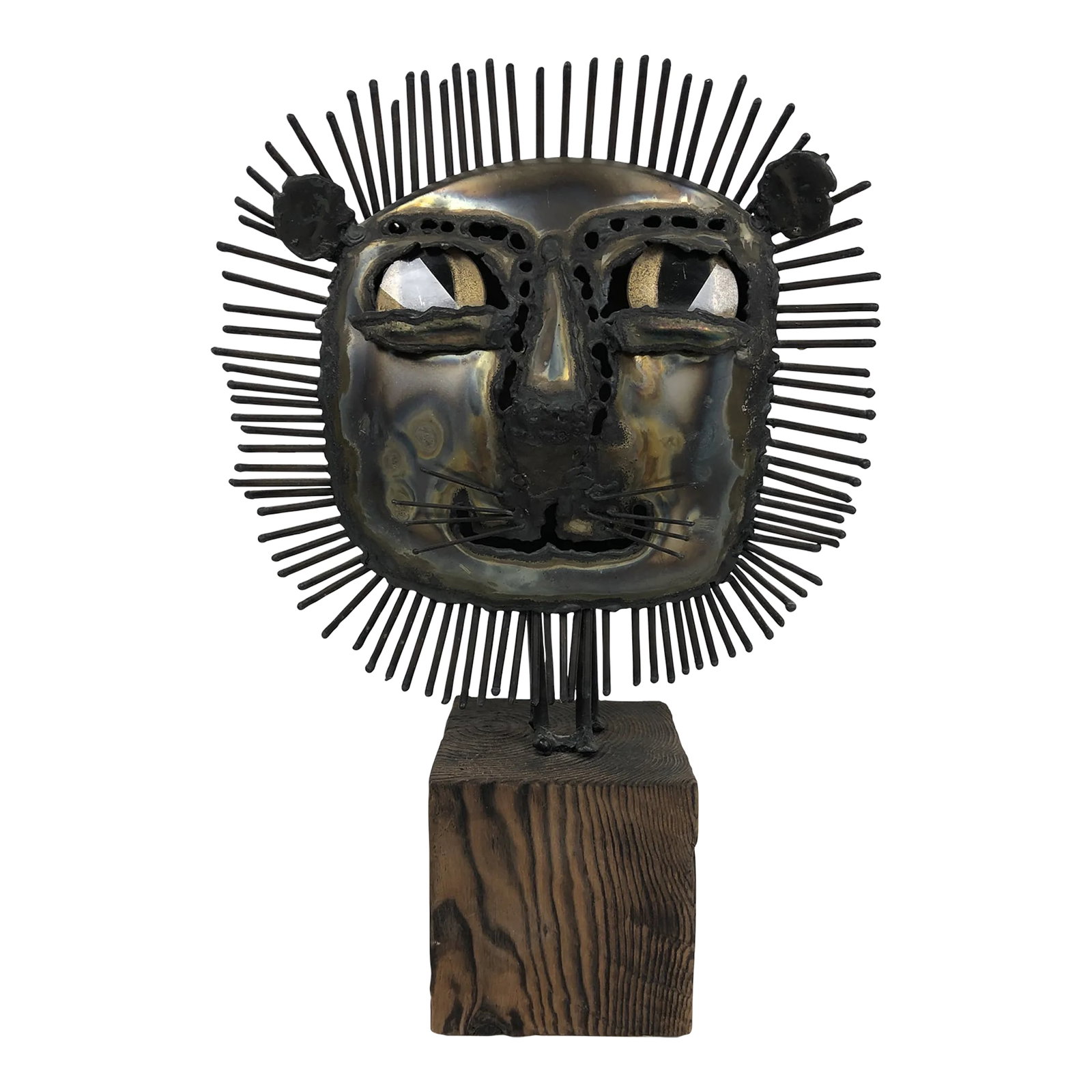 Brutalist Metal Lion Sculpture With Glass Eyes: Well, this cute torch-cut metal lion will not be sleeping tonight with those large glass eyes looking out over your decor, it's cartoonish brutalist-style body is perched atop an antique wood base.