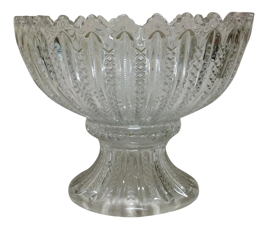 Antique Eapg Punch Bowl & Stand Duncan Miller Mardi Gras- 2 Pieces: The Mardi Gras pattern was introduced in the 1890 by Duncan's Sons, George & Company, as an EAPG, Early American pattern Glass favorite. It's successor, the Duncan & Miller Glass Company continued