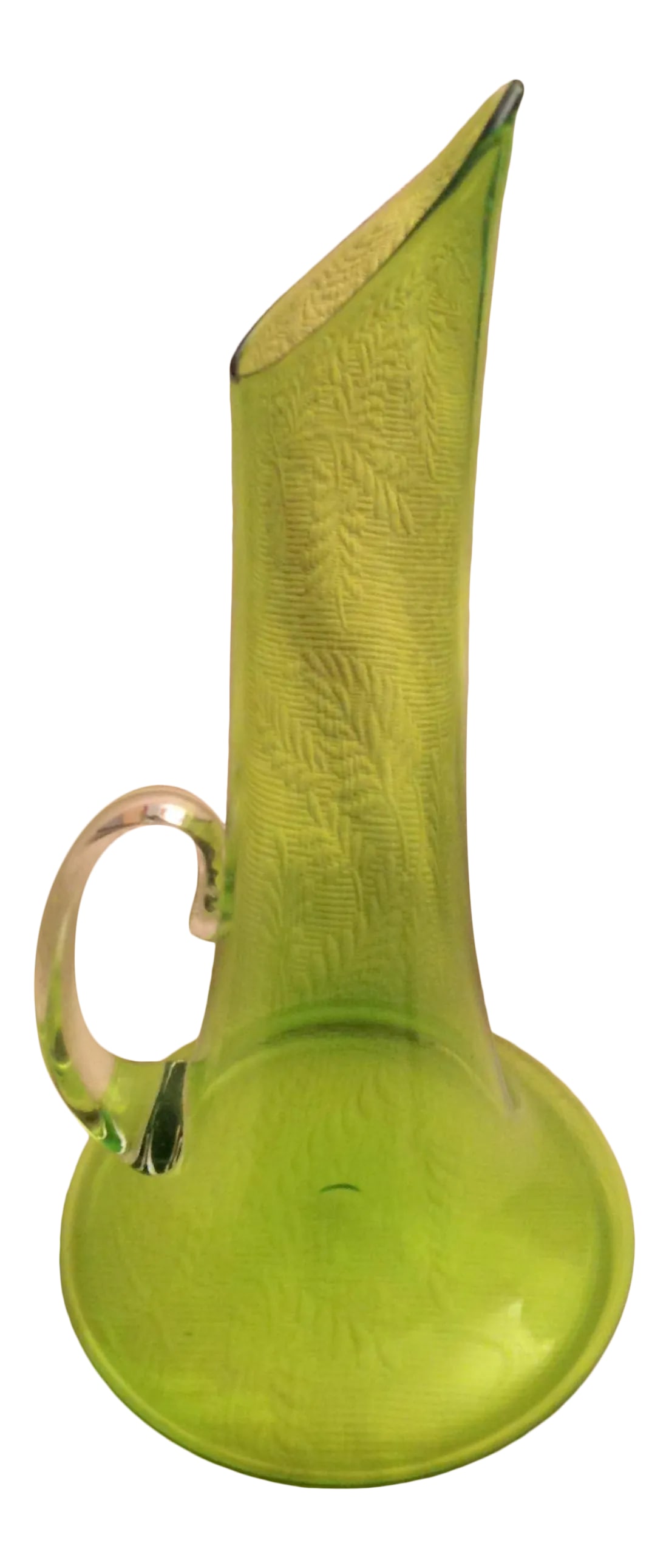 Contemporary Nicholas Kekic Hand-Blown Chartreuse Art-Glass Pitcher: This is a majestic hand blown Pitcher from the Art Glass Studio of the noted glass-maker Nicholas Kekic. Kekic did make a lesser version of this exemplar for wider distribution. This one, upon which