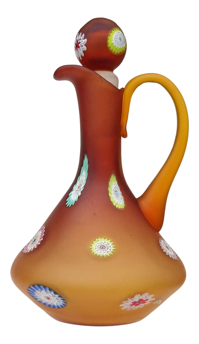 Murano Fratelli Toso Vintage Orange Millefiori Flowers Italian Art Glass Satin Surface Ewer Cruet Pi: Beautiful vintage Murano hand blown dark orange, satin surface, Italian art glass ewer cruet, with applied millefiori flowers decoration. Documented to the Fratelli Toso company. It is soft to the tou